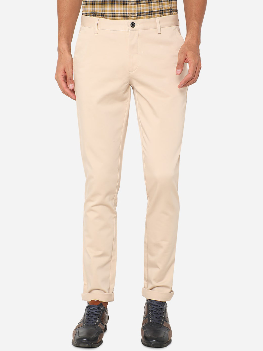 

JADE BLUE Men Beige Solid Slim Fit Pure Cotton Regular Trousers
