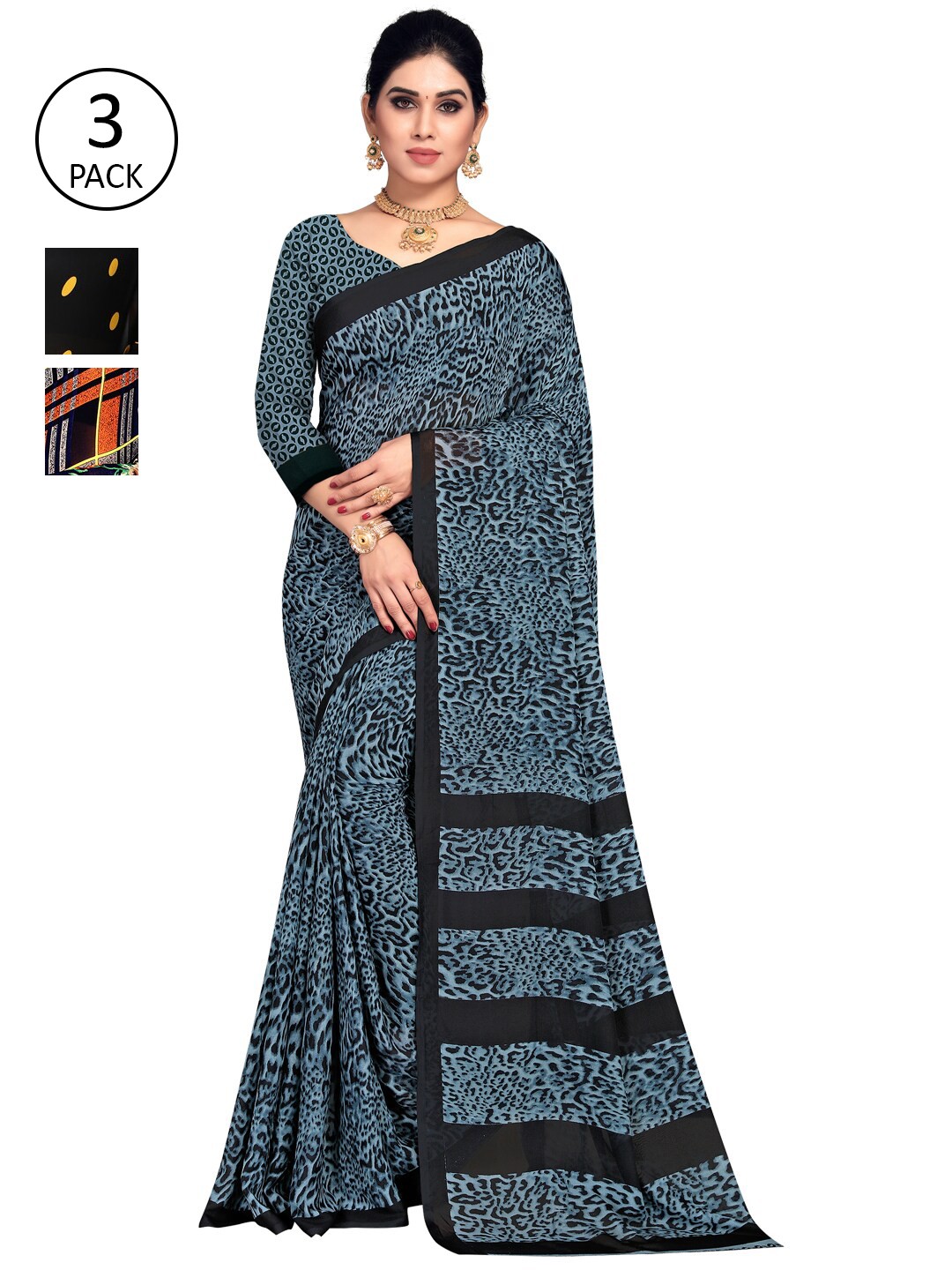 

KALINI Black & Blue Pack of 3 Saree