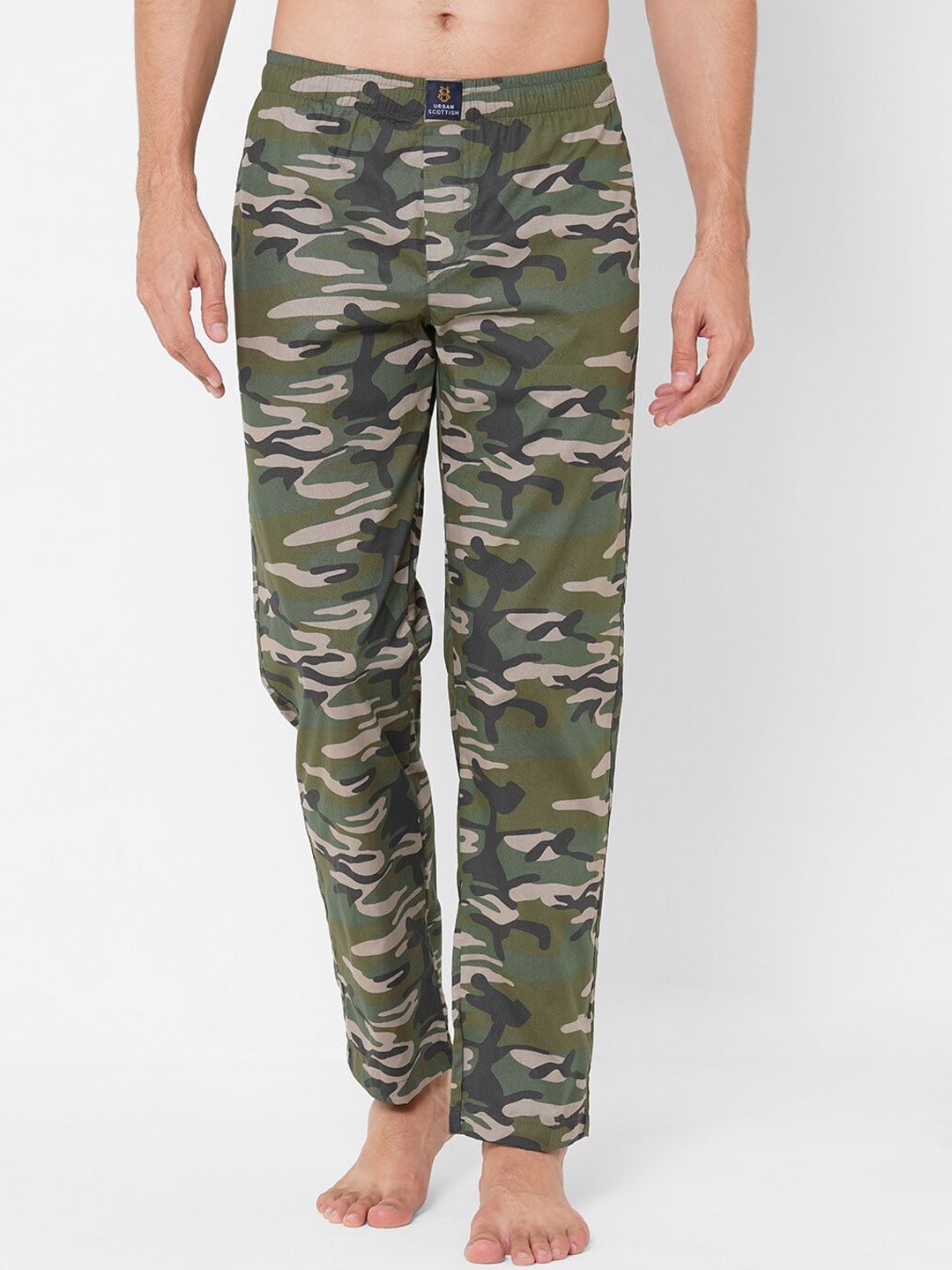 

URBAN SCOTTISH Men Olive-Green Camouflage Printed Cotton Lounge Pants
