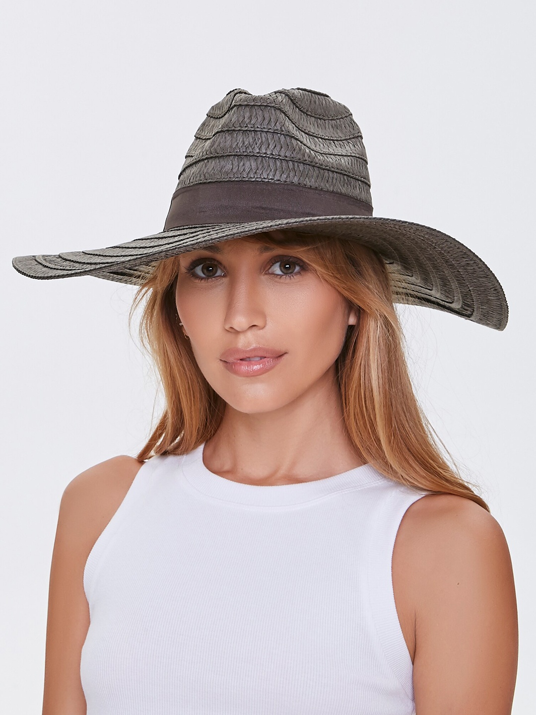

FOREVER 21 Women Grey & Brown Faux Straw Panama Sun Hat