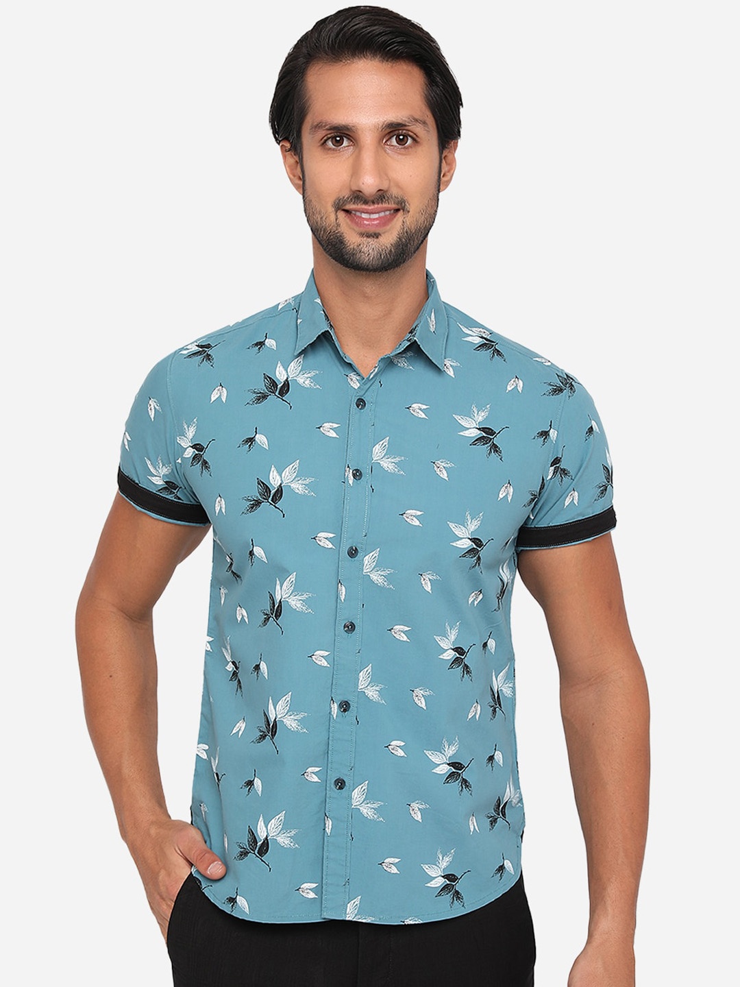 

Greenfibre Men Blue Pure Cotton Slim Fit Floral Printed Casual Shirt