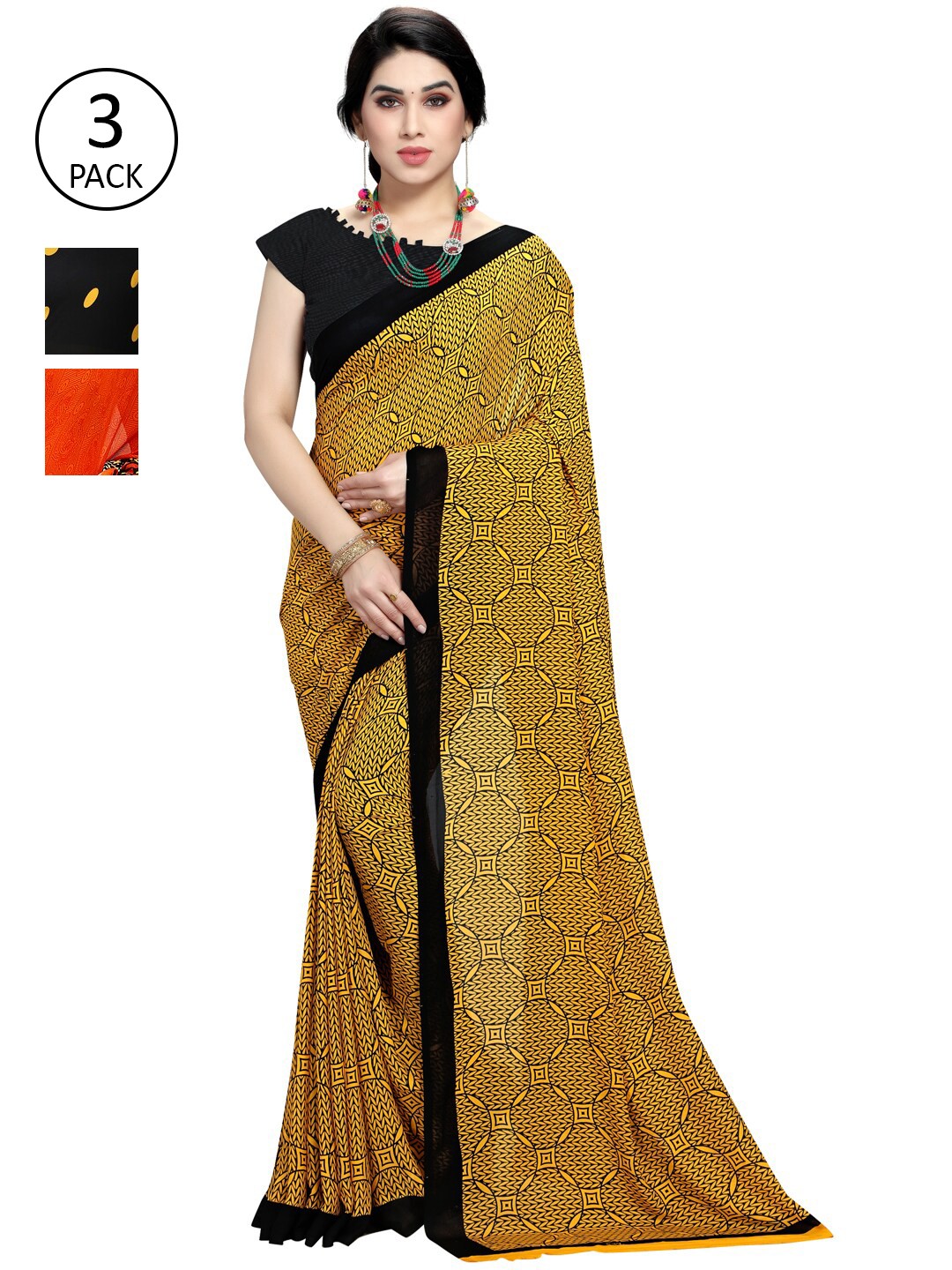 

KALINI Pack Of 3 Black & Yellow Saree