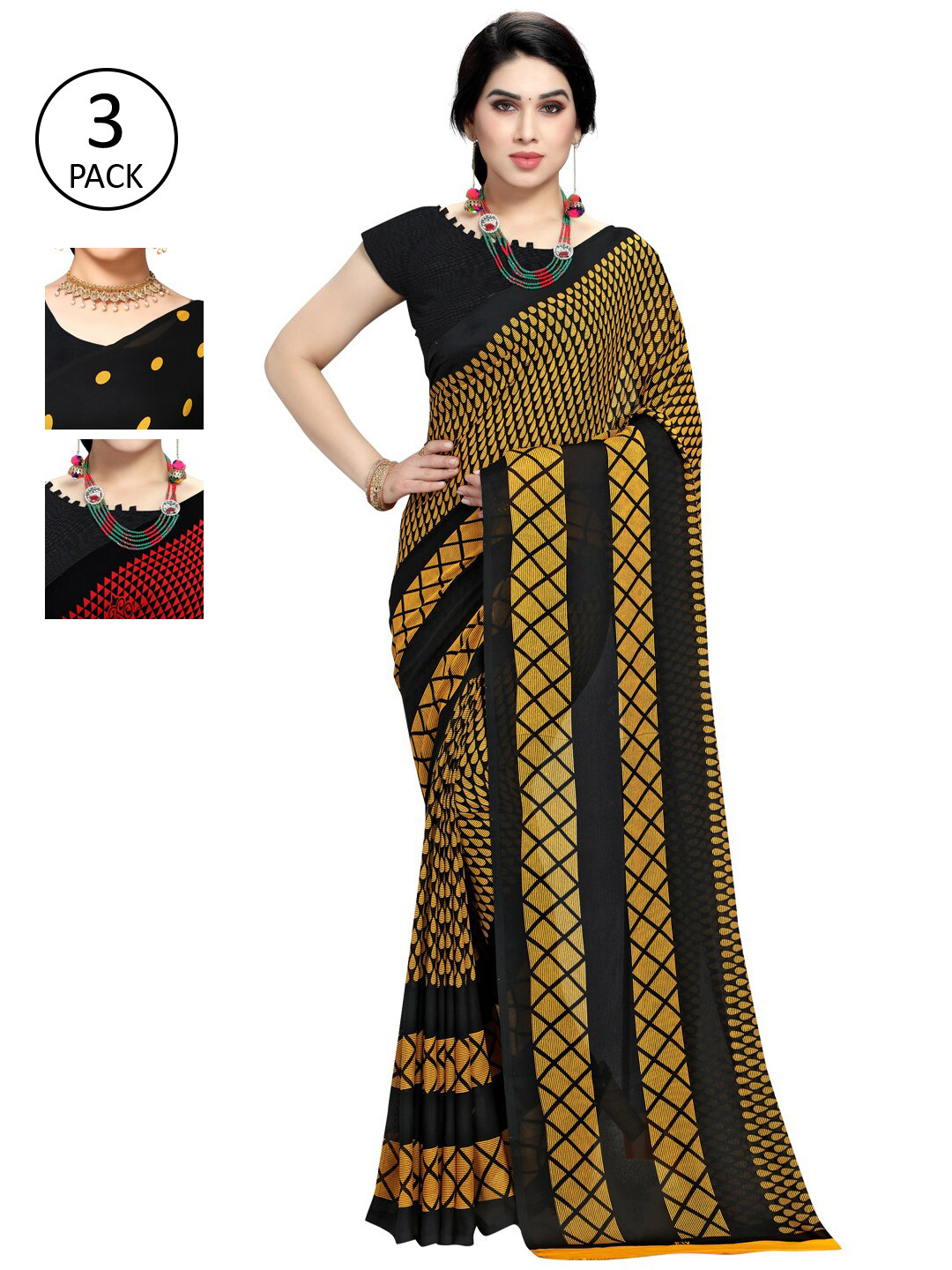 

KALINI Pack of 3 Poly Georgette Printed Sarees, Mustard