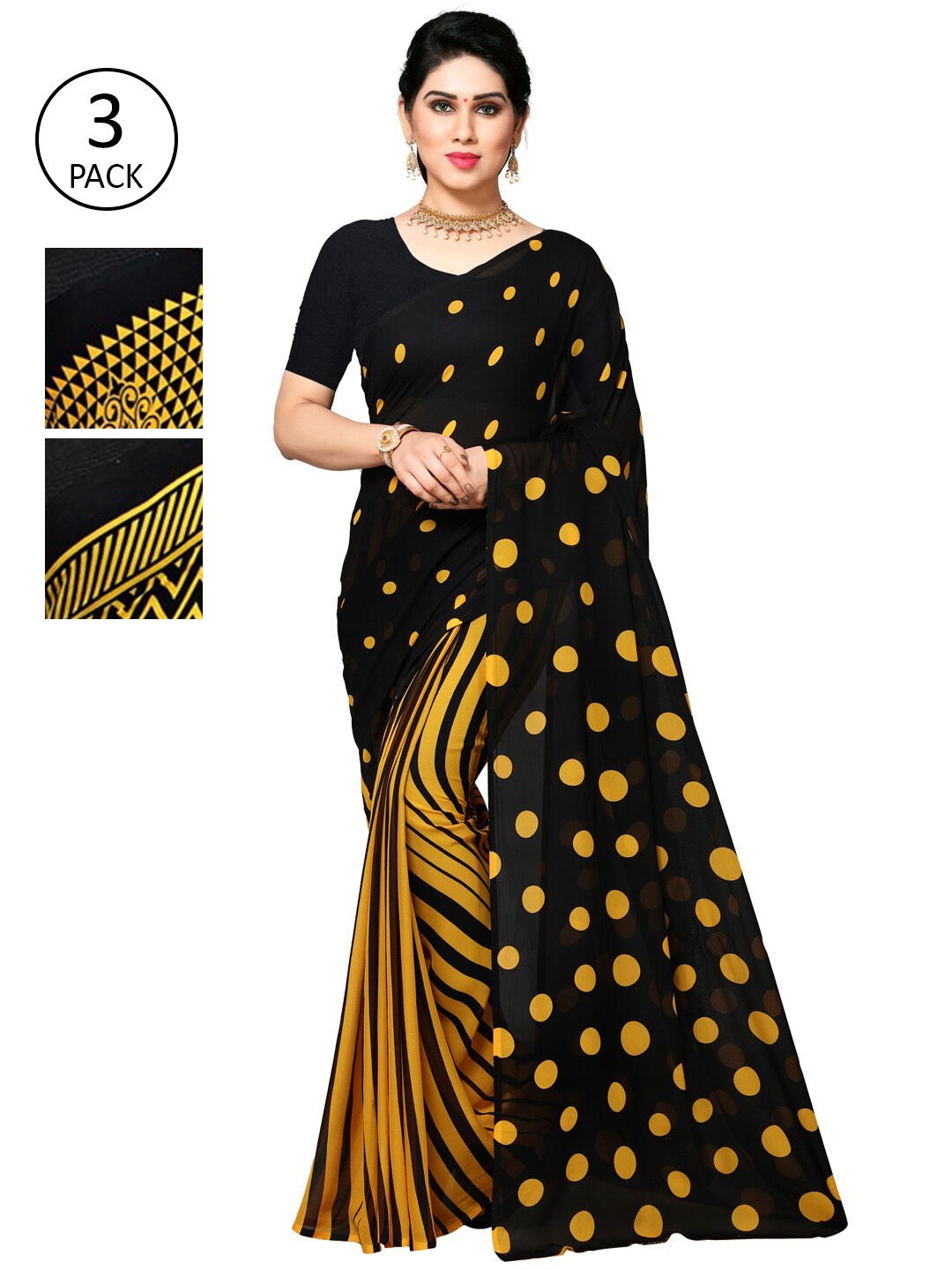 

ANAND SAREES Yellow & Black Pack of 3 Printed Saree