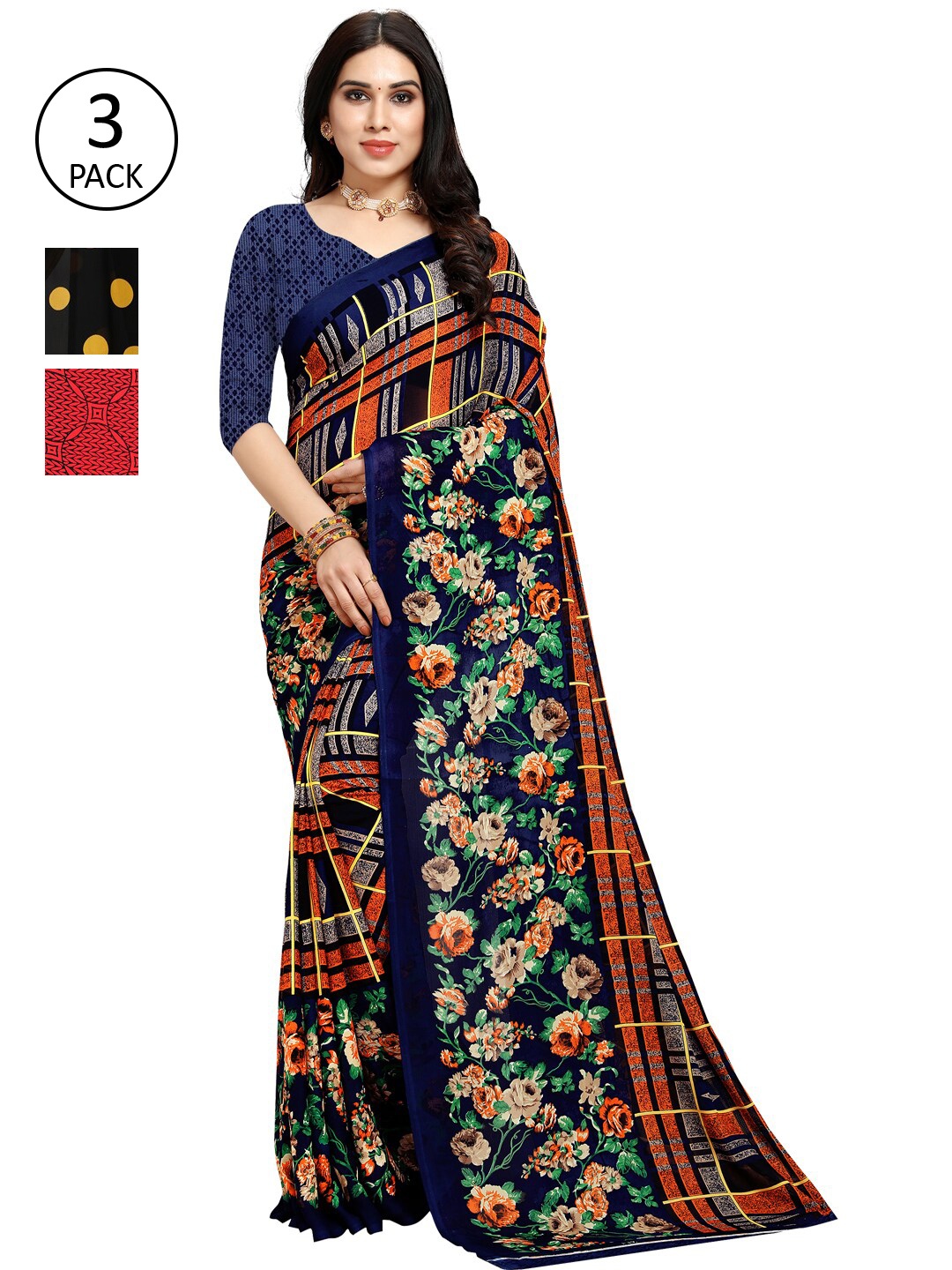 

KALINI Pack of 3 Poly Georgette Sarees, Red