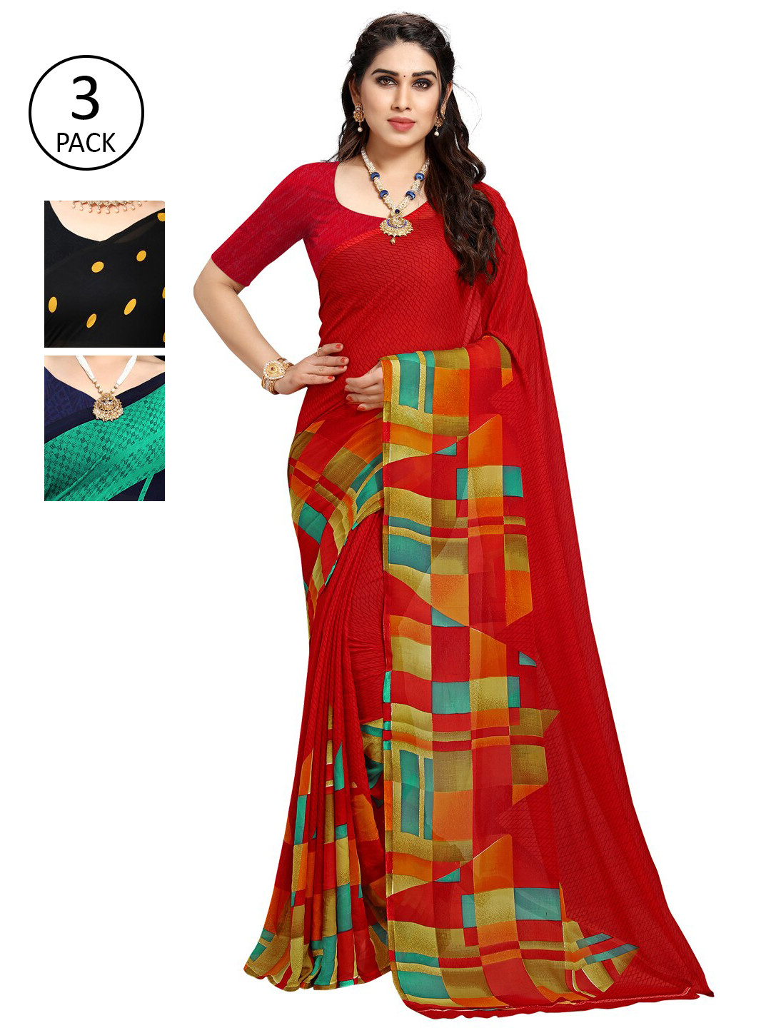 

KALINI Pack of 3 Poly Georgette Sarees, Yellow