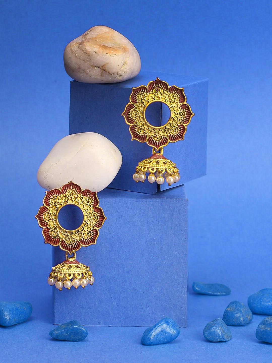 

Adwitiya Collection Gold-Toned & Red Floral Jhumkas Earrings