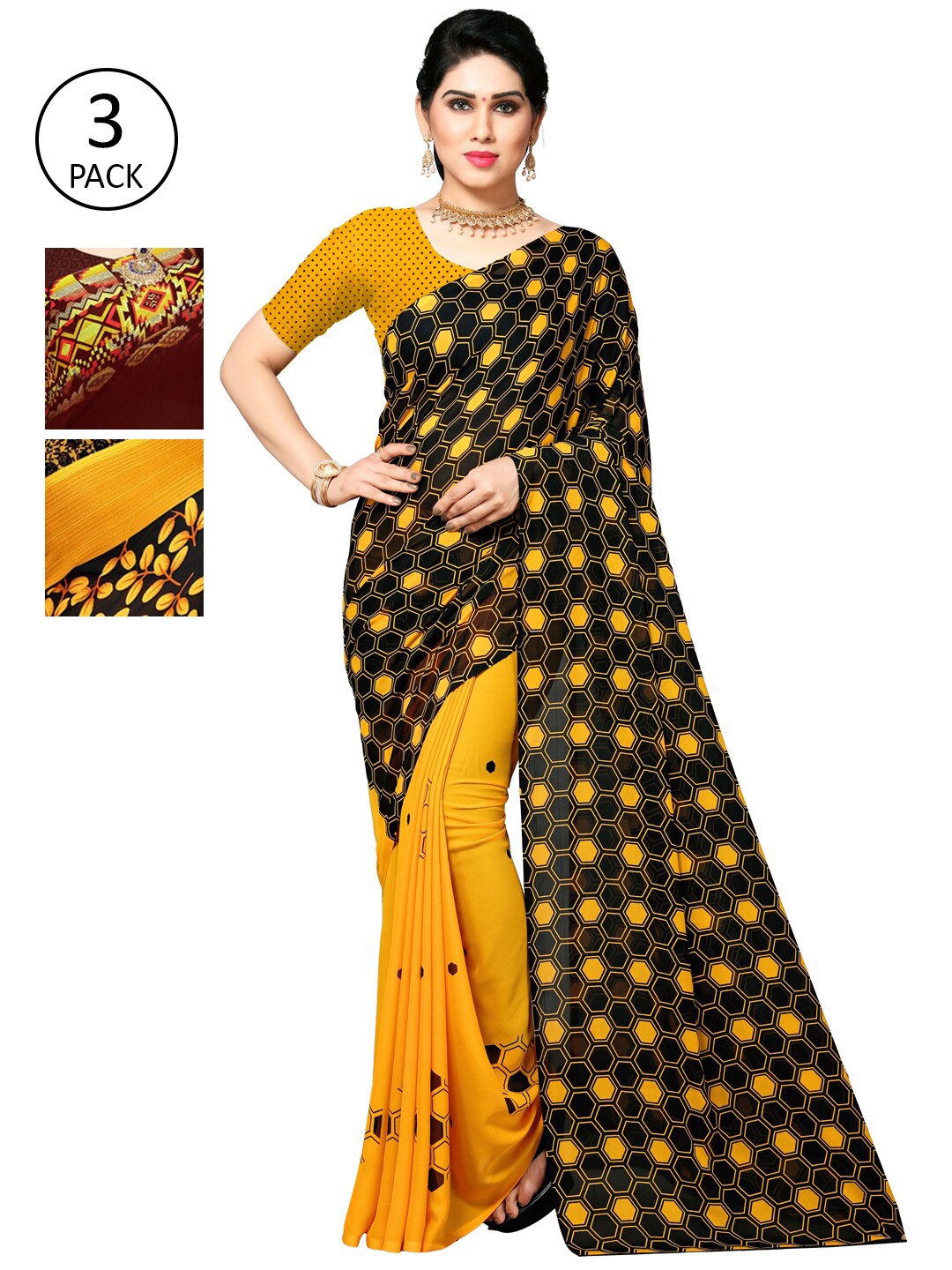 

KALINI Pack Of 3 Yellow & Black Saree