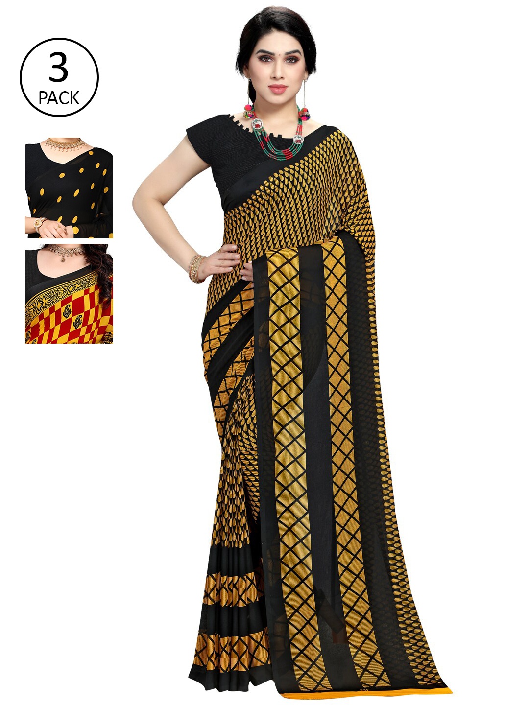 

KALINI Yellow & Black Pack of 3 Printed Saree