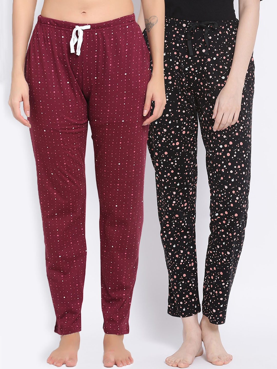 

Kanvin Women Pack Of 2 Printed Pure Cotton Lounge Pants, Maroon