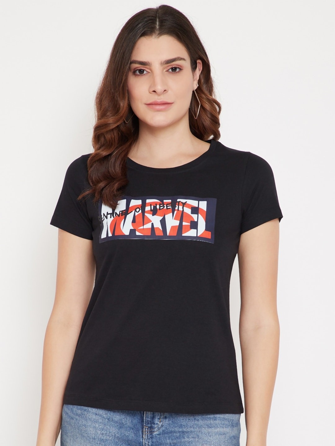 

Marvel by Wear Your Mind Women Black Marvel Printed Cotton Pure Cotton T-shirt
