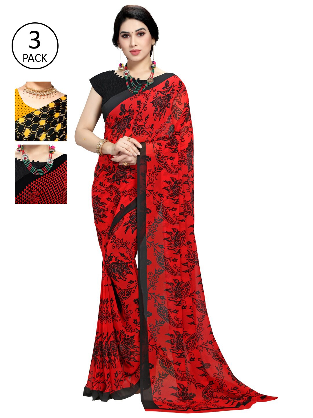 

KALINI Pack of 3 Poly Georgette Sarees, Mustard