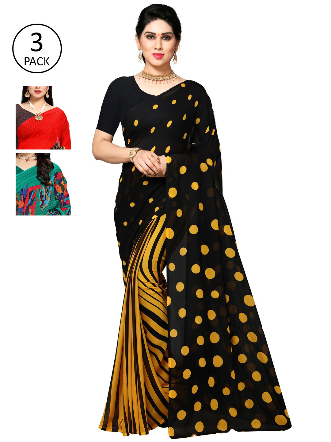 

KALINI Pack Of 3 Printed Sarees, Black
