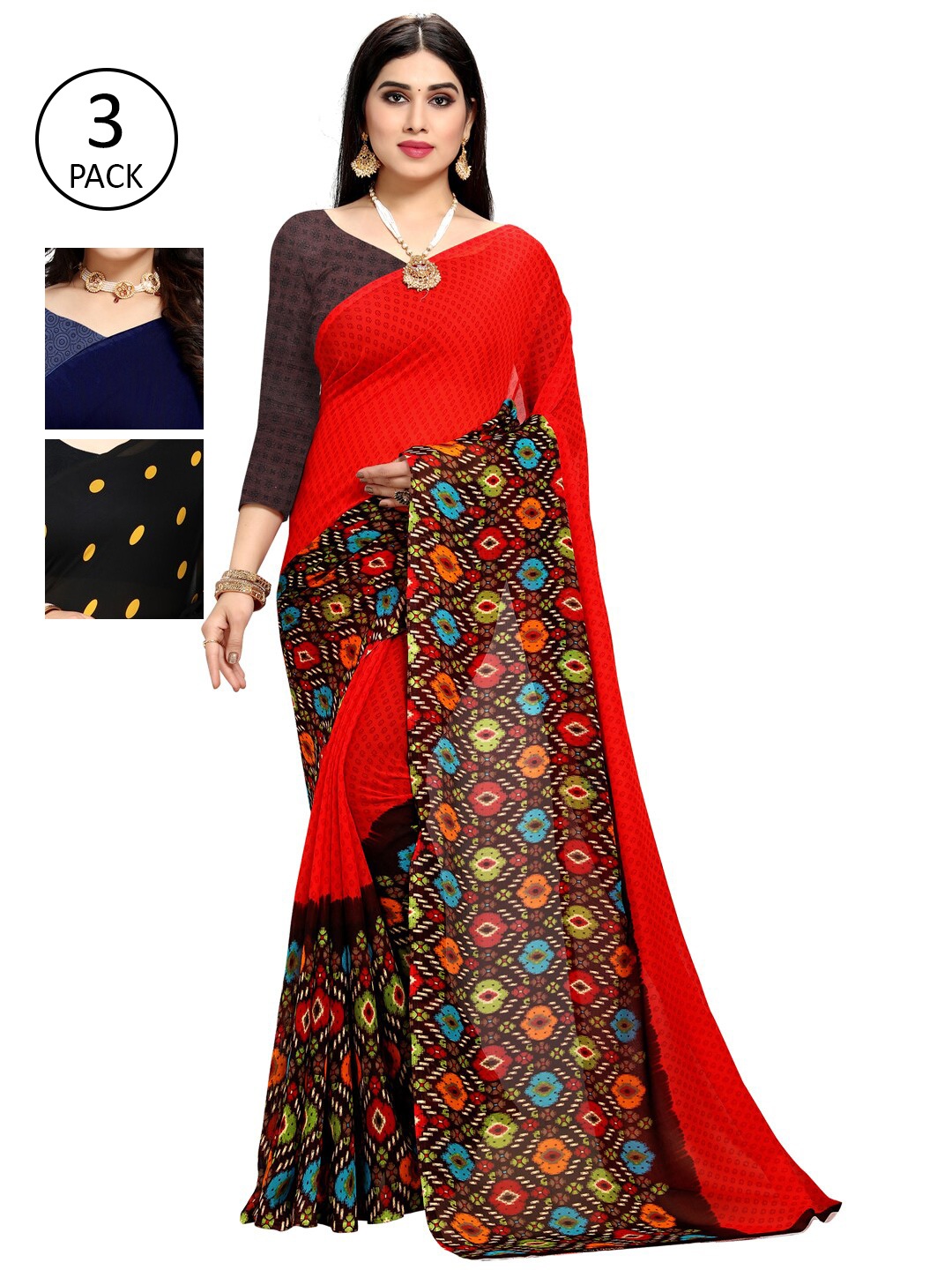 

KALINI Pack of 3 Poly Georgette Sarees, Black