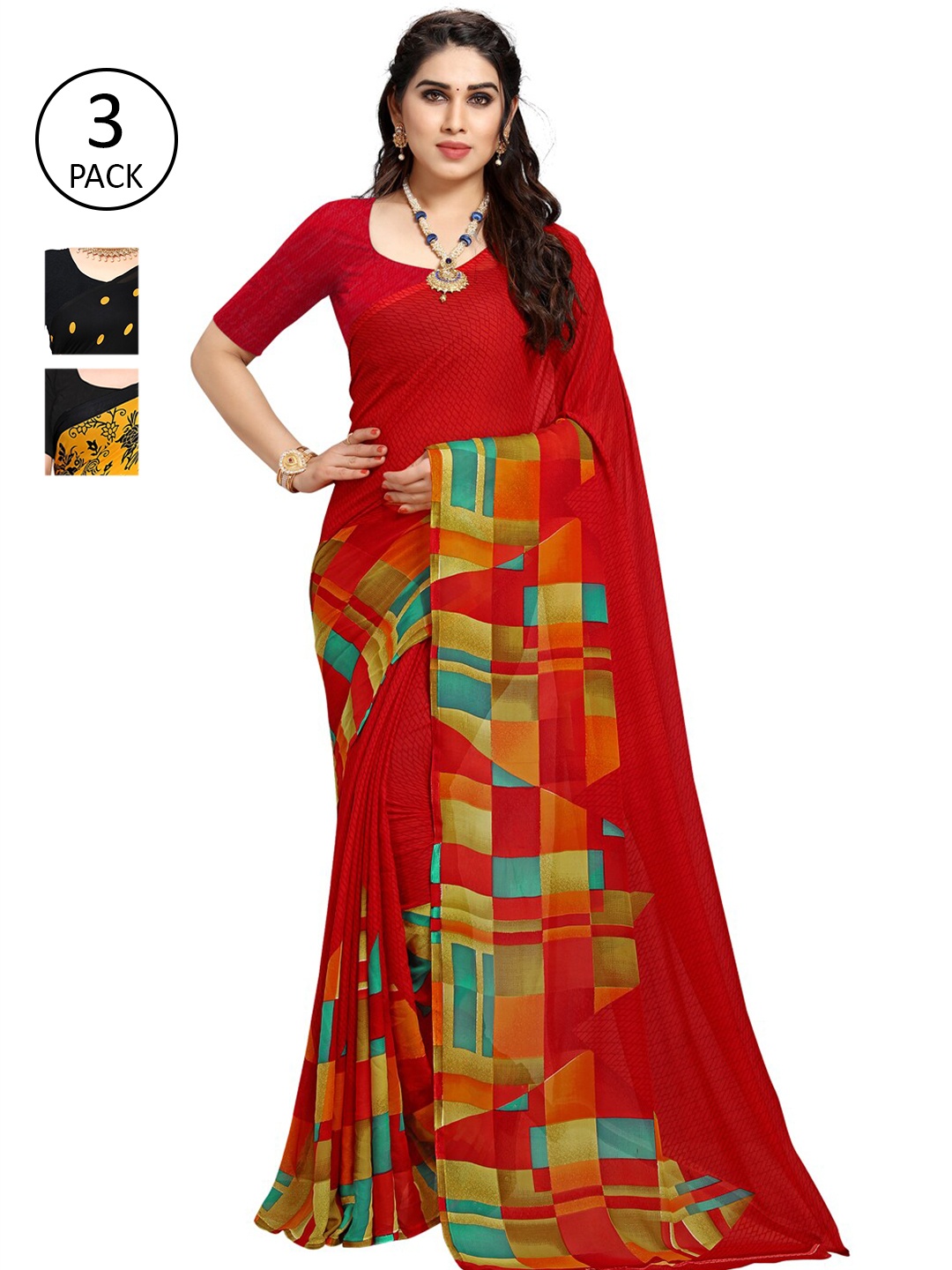 

KALINI Red & Yellow Pack of 3 Printed Saree