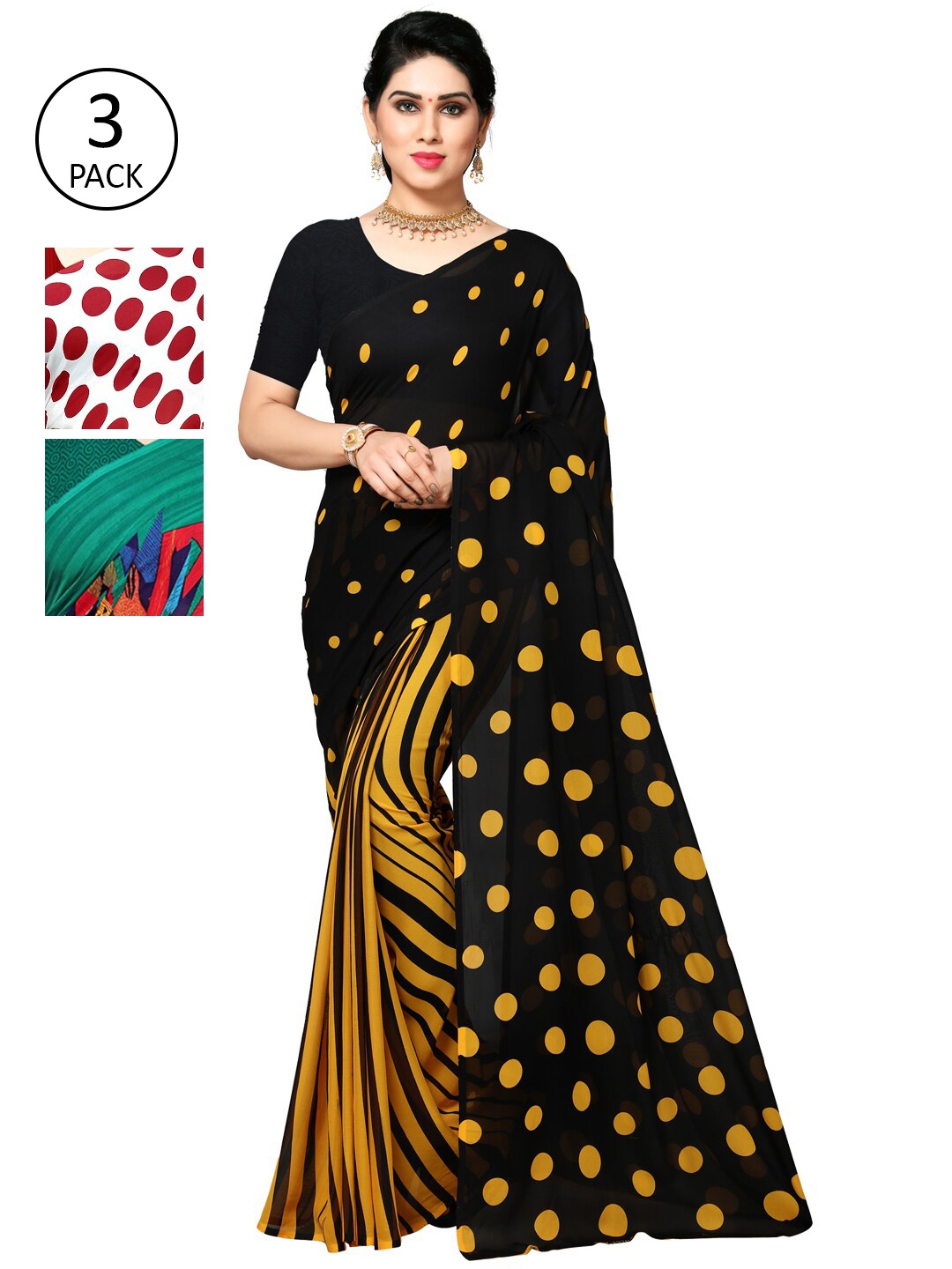 

KALINI Pack of 3 Poly Georgette Printed Sarees, White