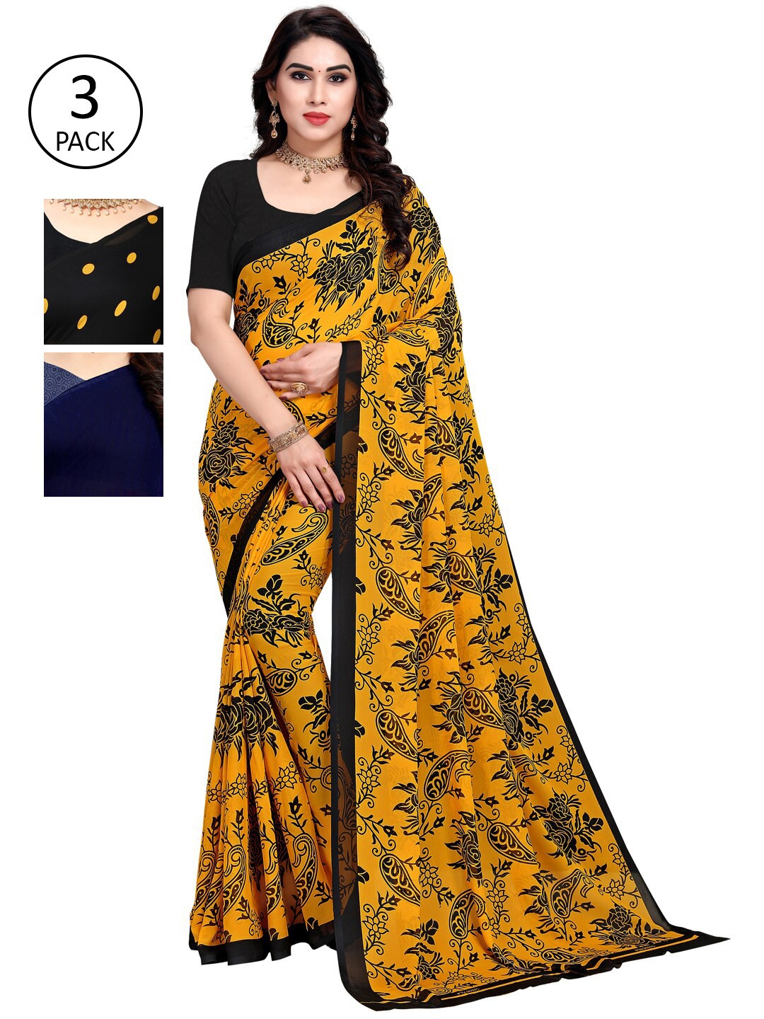 

KALINI Multicoloured Set of 3 Poly Georgette Saree, Multi