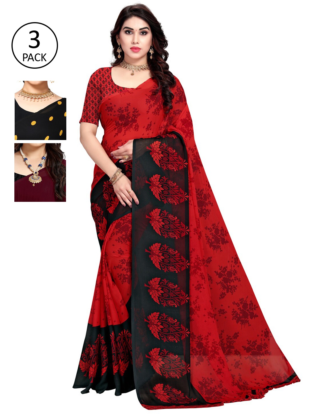 

KALINI Black & Burgundy Pack of 3 Printed Saree