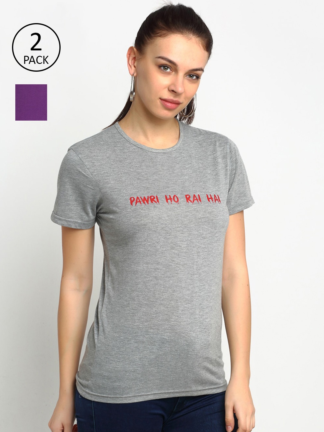 

MACK JONNEY Women Pack of 2 Typography Printed T-shirt, Grey