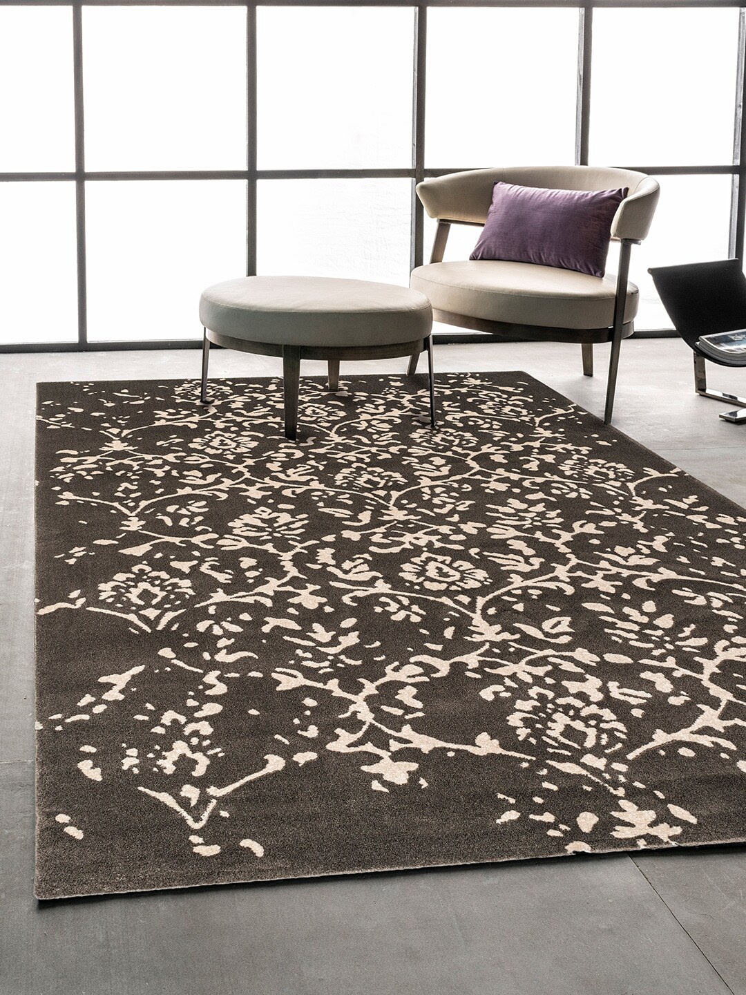 DDecor Charcoal Grey & Pink Floral Printed Heavy Carpet