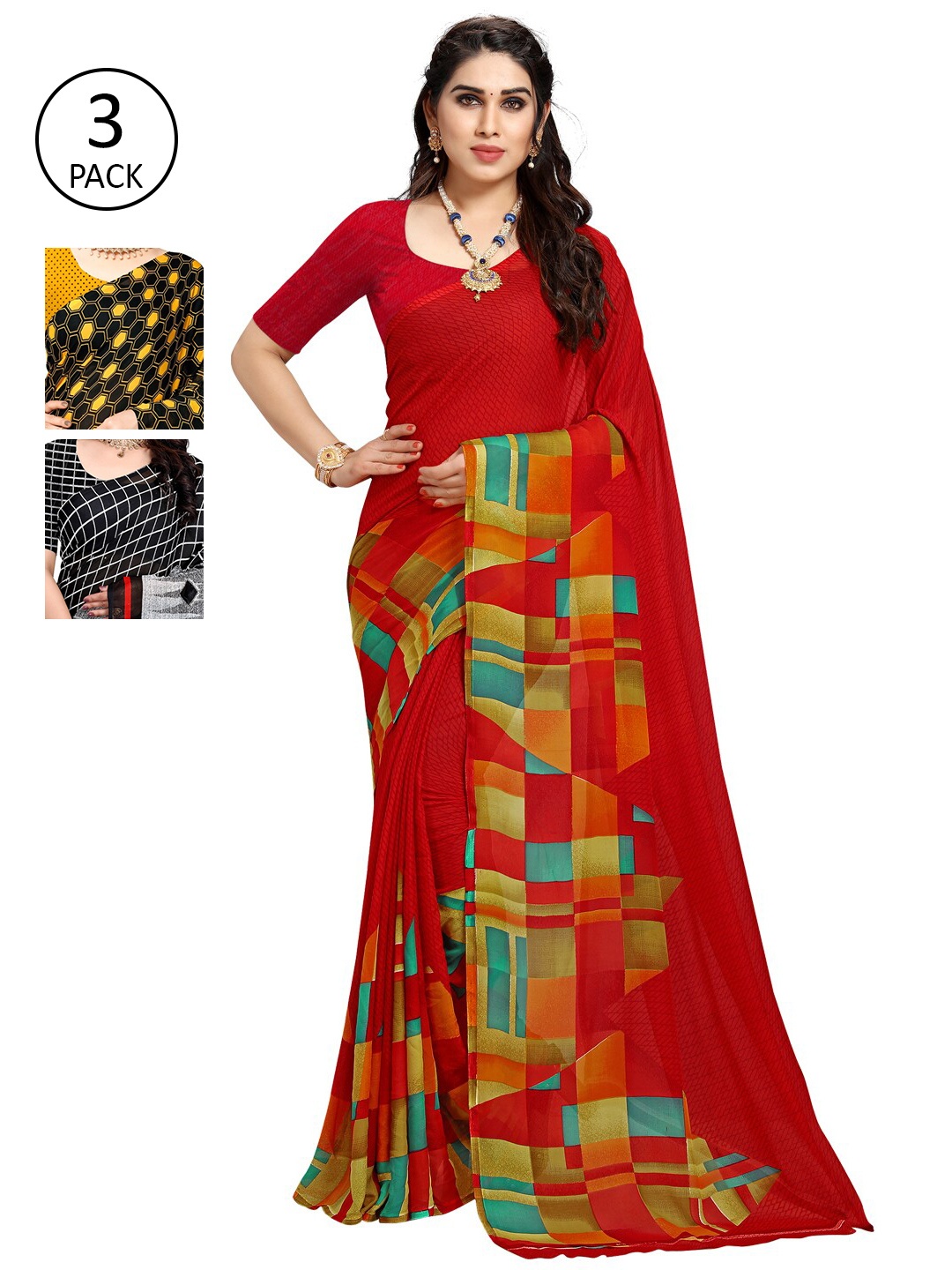 

KALINI Women Pack of 3 Printed Sarees, Yellow