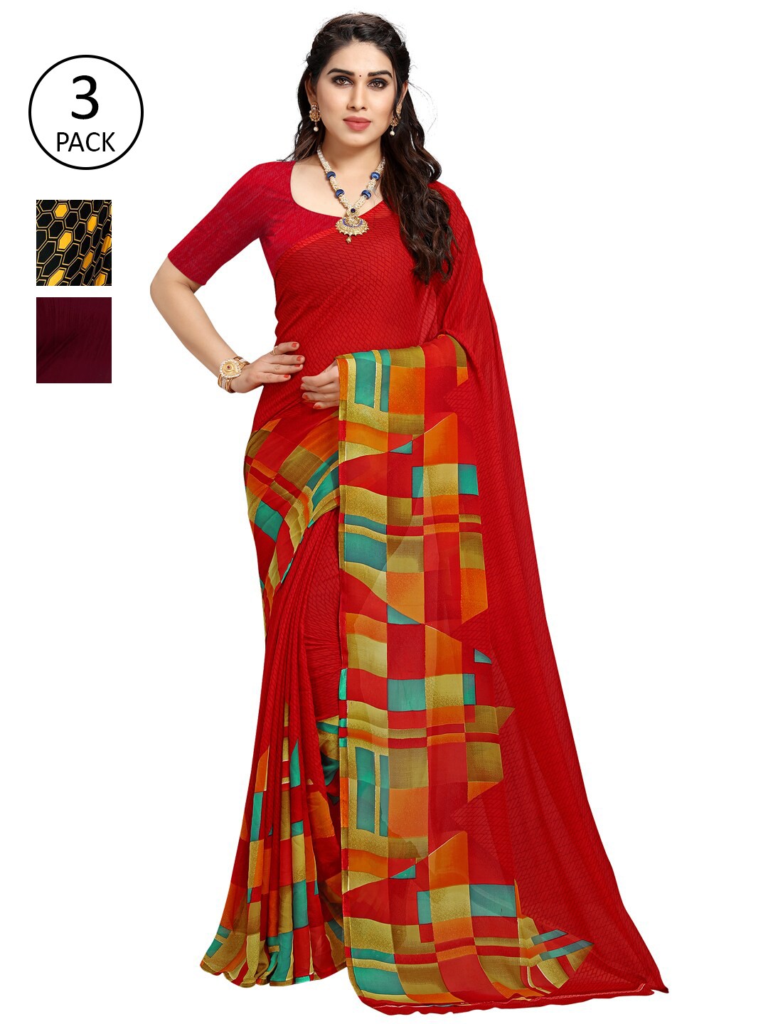 

KALINI Pack of 3 Black & Yellow Printed Saree