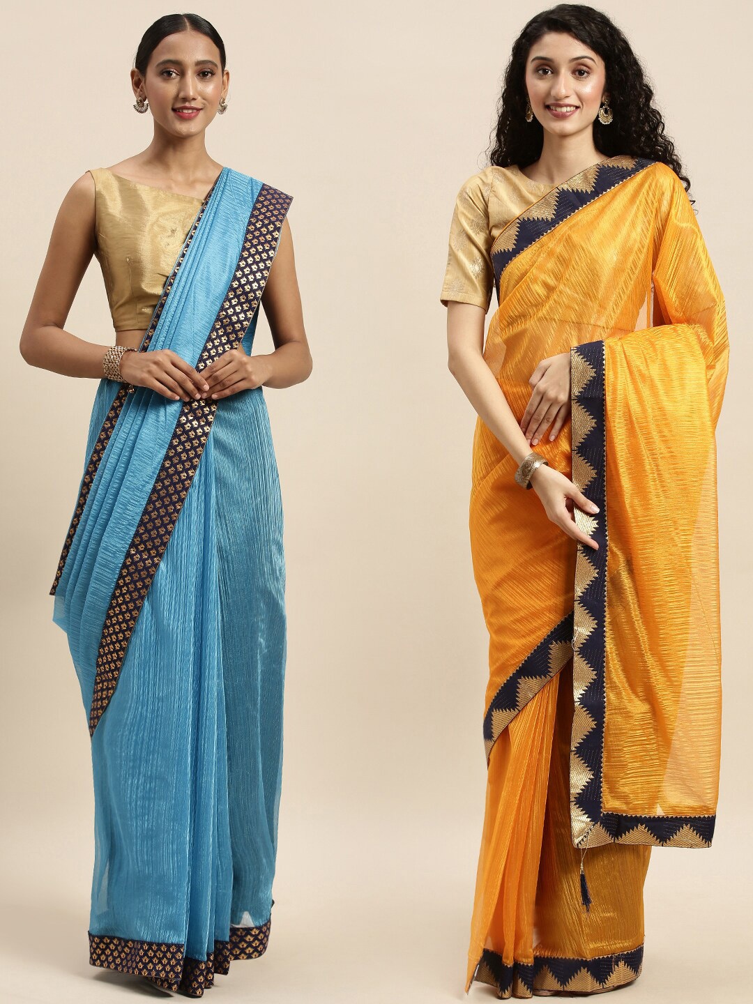 

KALINI Pack of 2 Blue & Yellow Striped Zari Art Silk Saree