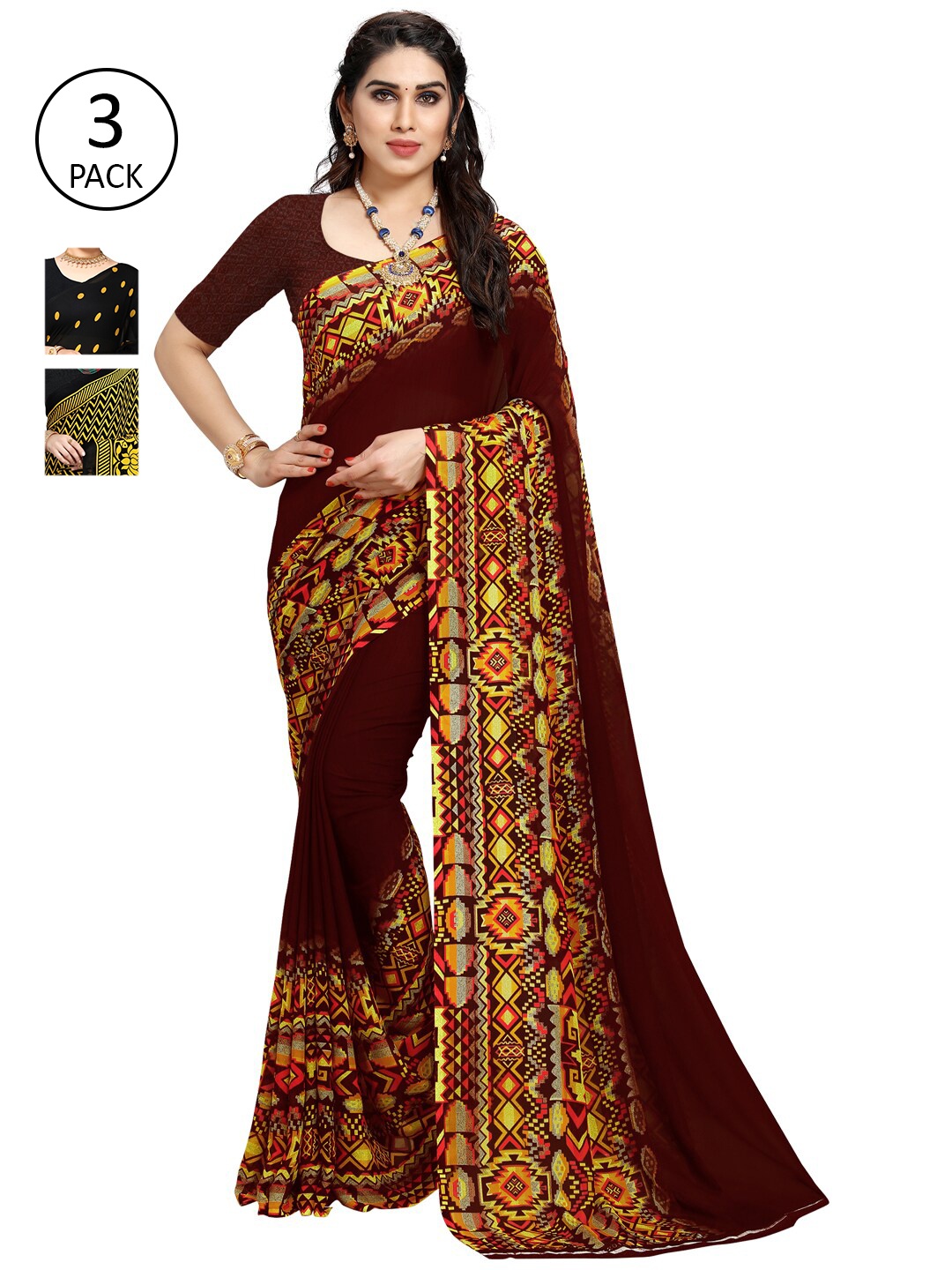 

KALINI Black & Maroon Pack of 3 Printed Saree