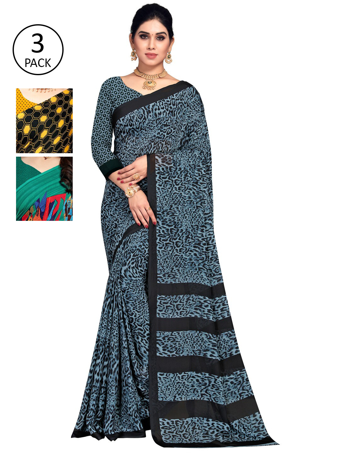 

KALINI Pack of 3 Yellow & Black Printed Saree