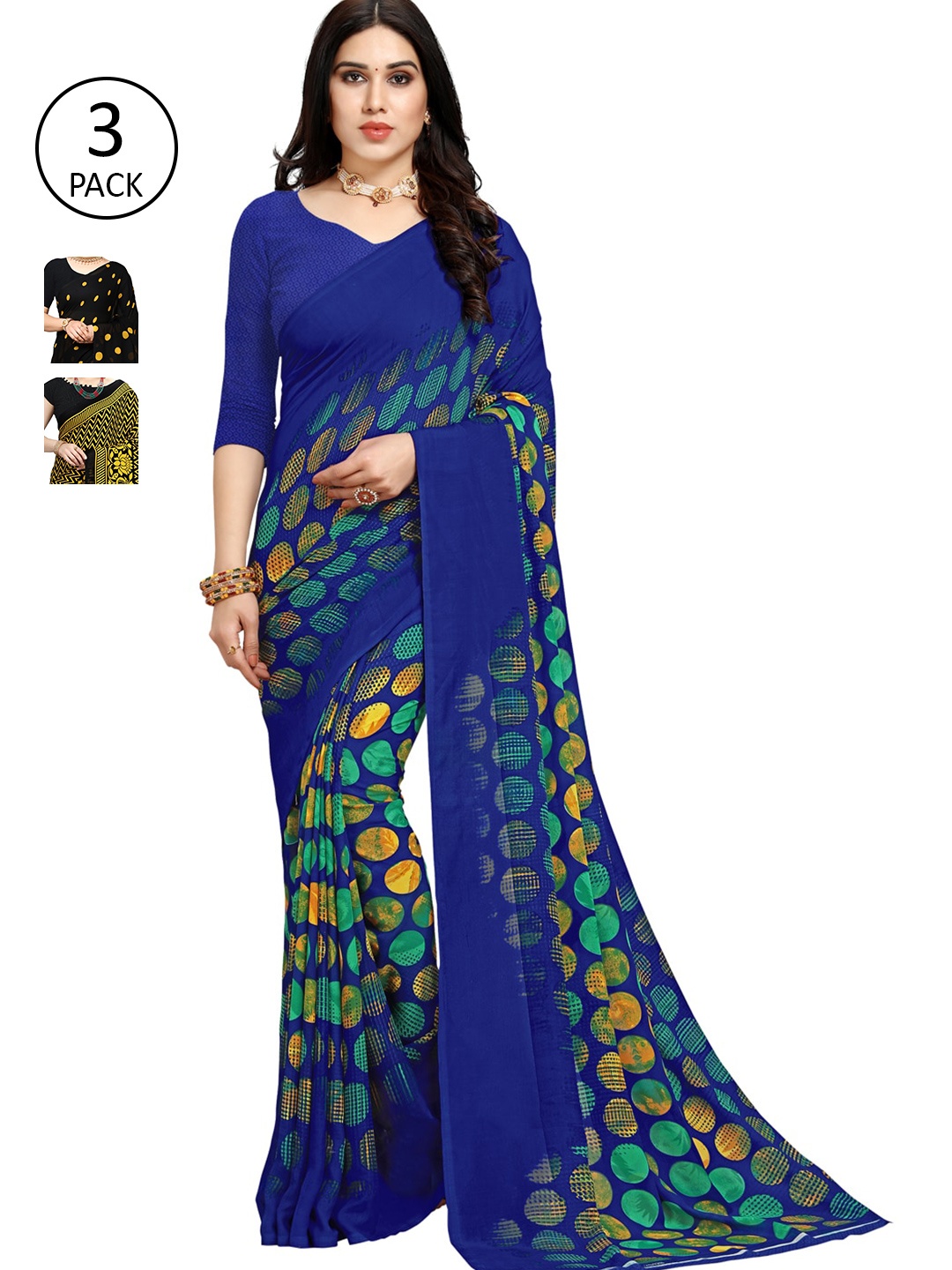 

ANAND SAREES Pack Of 3 Printed Sarees, Blue