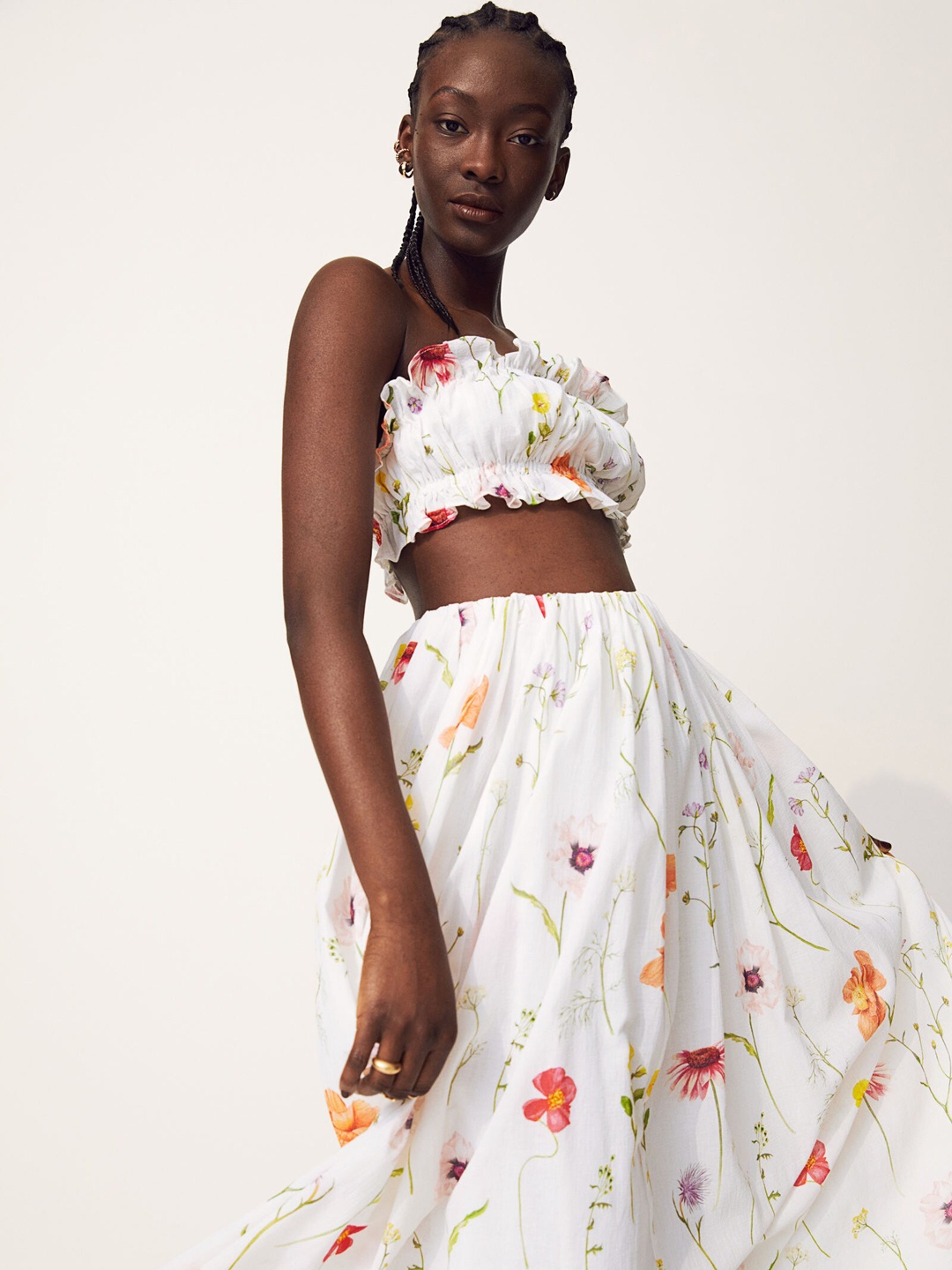 

H&M White & Pink Pure Cotton Flared Skirt