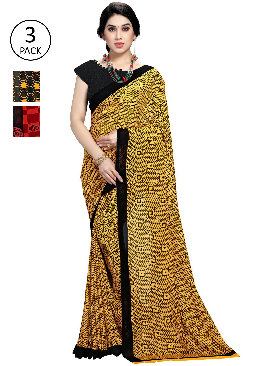 

KALINI Women Pack of 3 Printed Sarees, Red