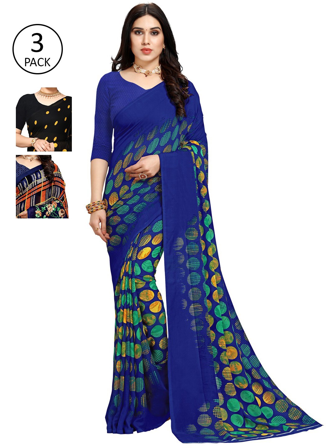 

KALINI Pack of 3 Printed Poly Georgette Saree, Multi