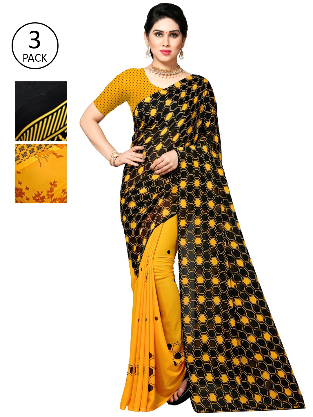 

KALINI Pack of 3 Printed Poly Georgette Saree, Multi