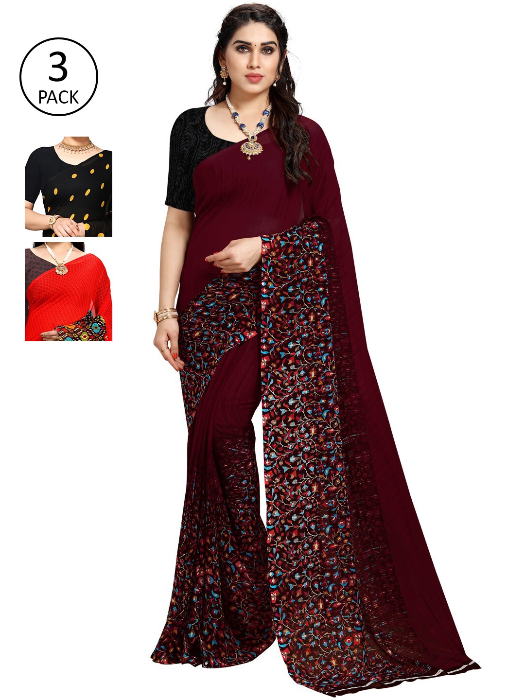 

KALINI Pack Of 3 Printed Sarees, Black