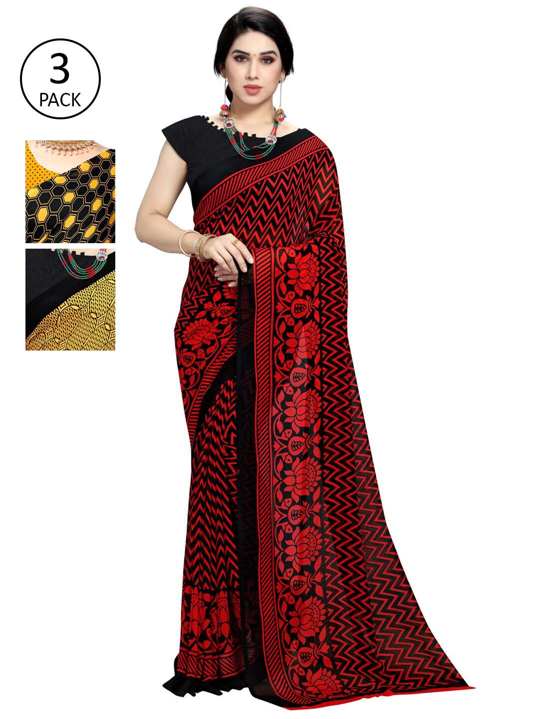

KALINI Pack of 3 Yellow & Red Printed Saree