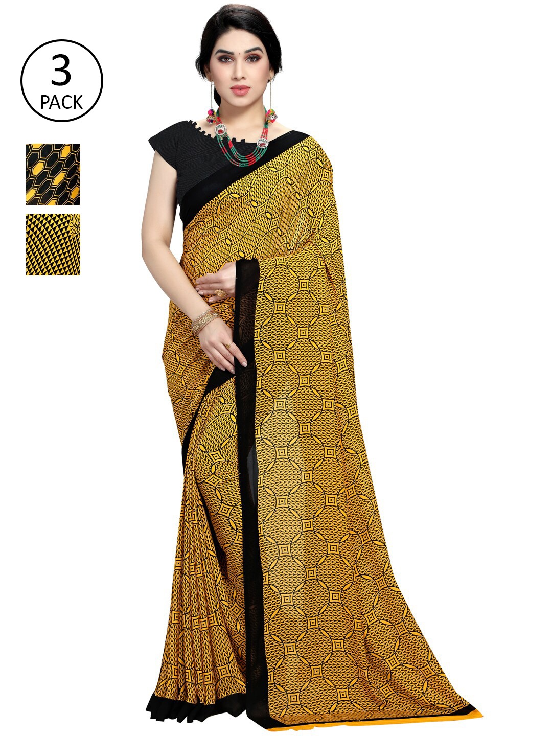 

KALINI Pack Of 3 Yellow & Black Saree