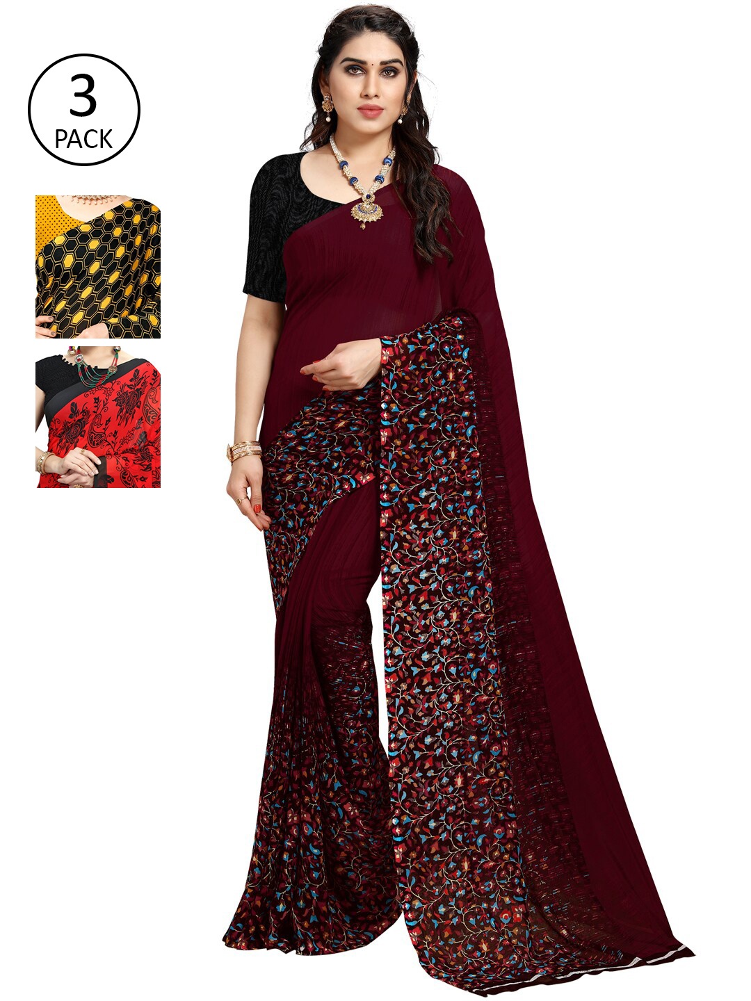 

KALINI Pack of 3 Poly Georgette Printed Sarees, Red