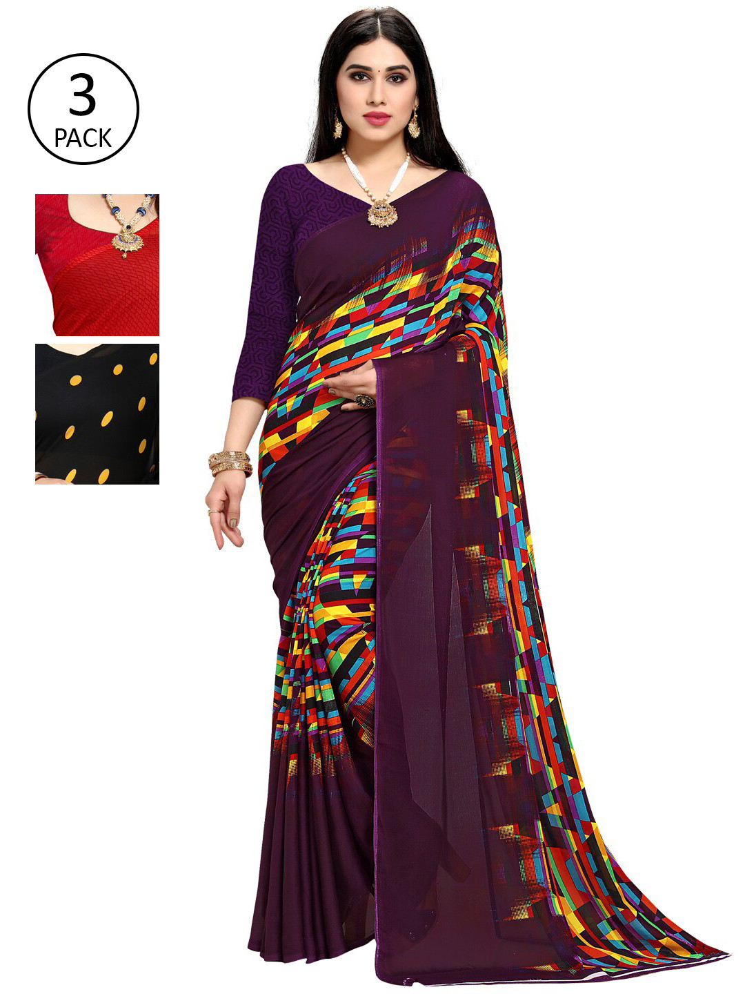 

KALINI Pack Of 3 Printed Sarees, Black