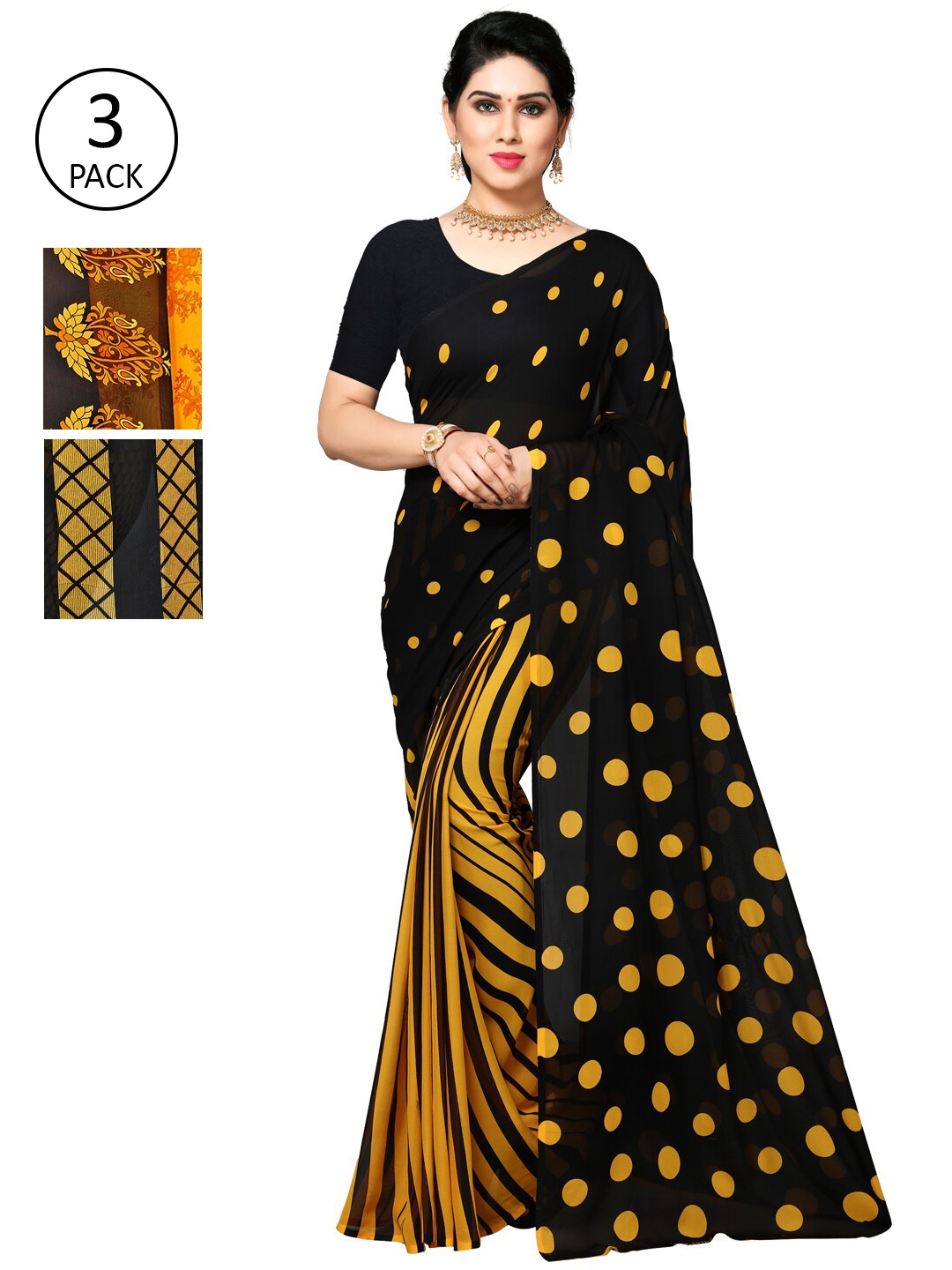 

KALINI Yellow & Black Pack of 3 Printed Saree