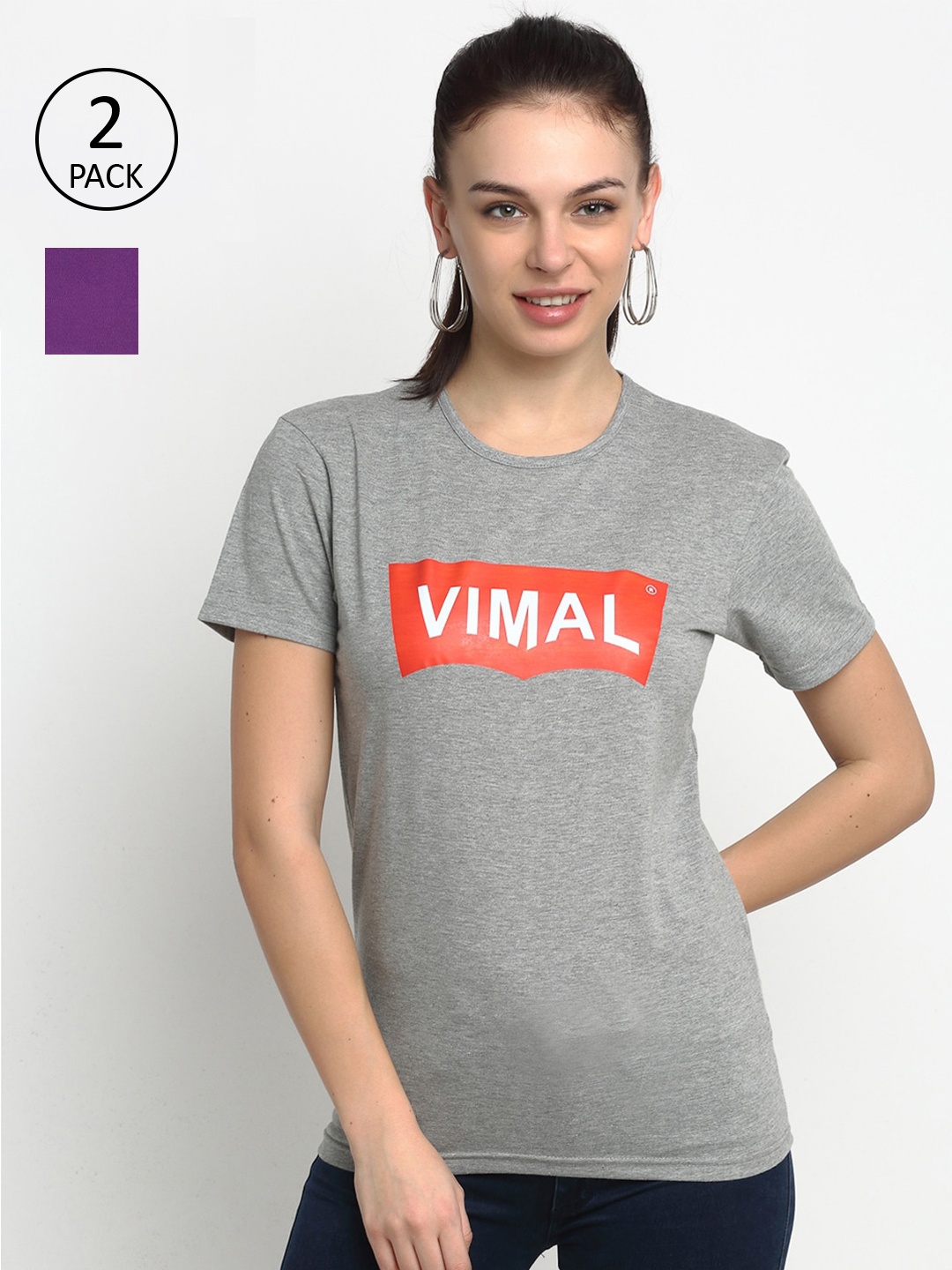 

MACK JONNEY Women Grey & Purple Pack of 2 Printed T-shirt