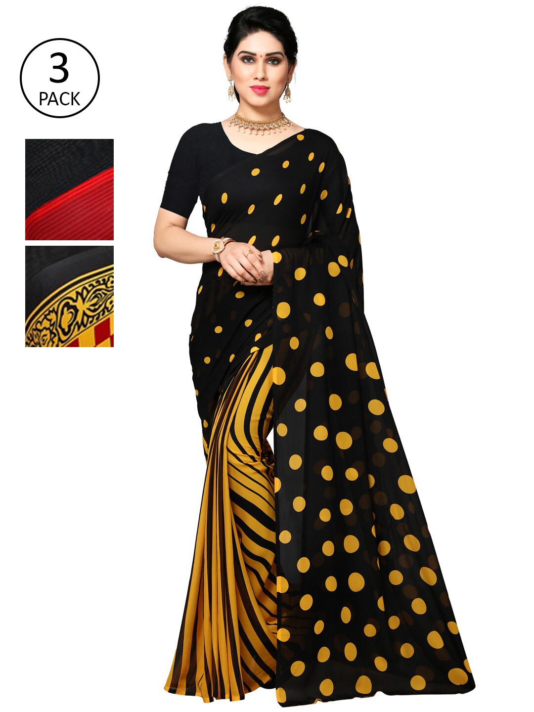 

KALINI Pack Of 3 Poly Georgette Sarees, Black