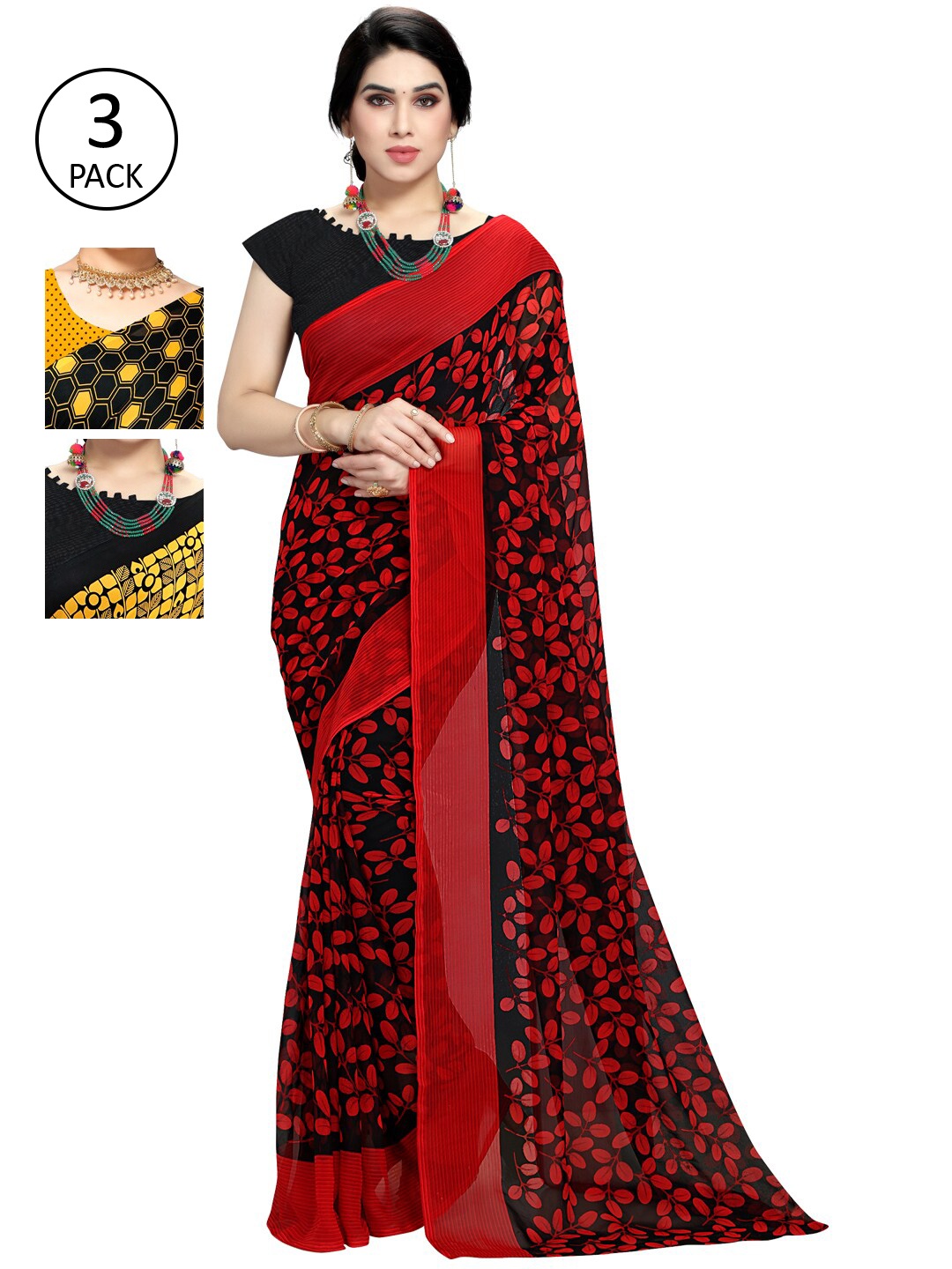 

KALINI Pack Of 3 Yellow & Black Saree