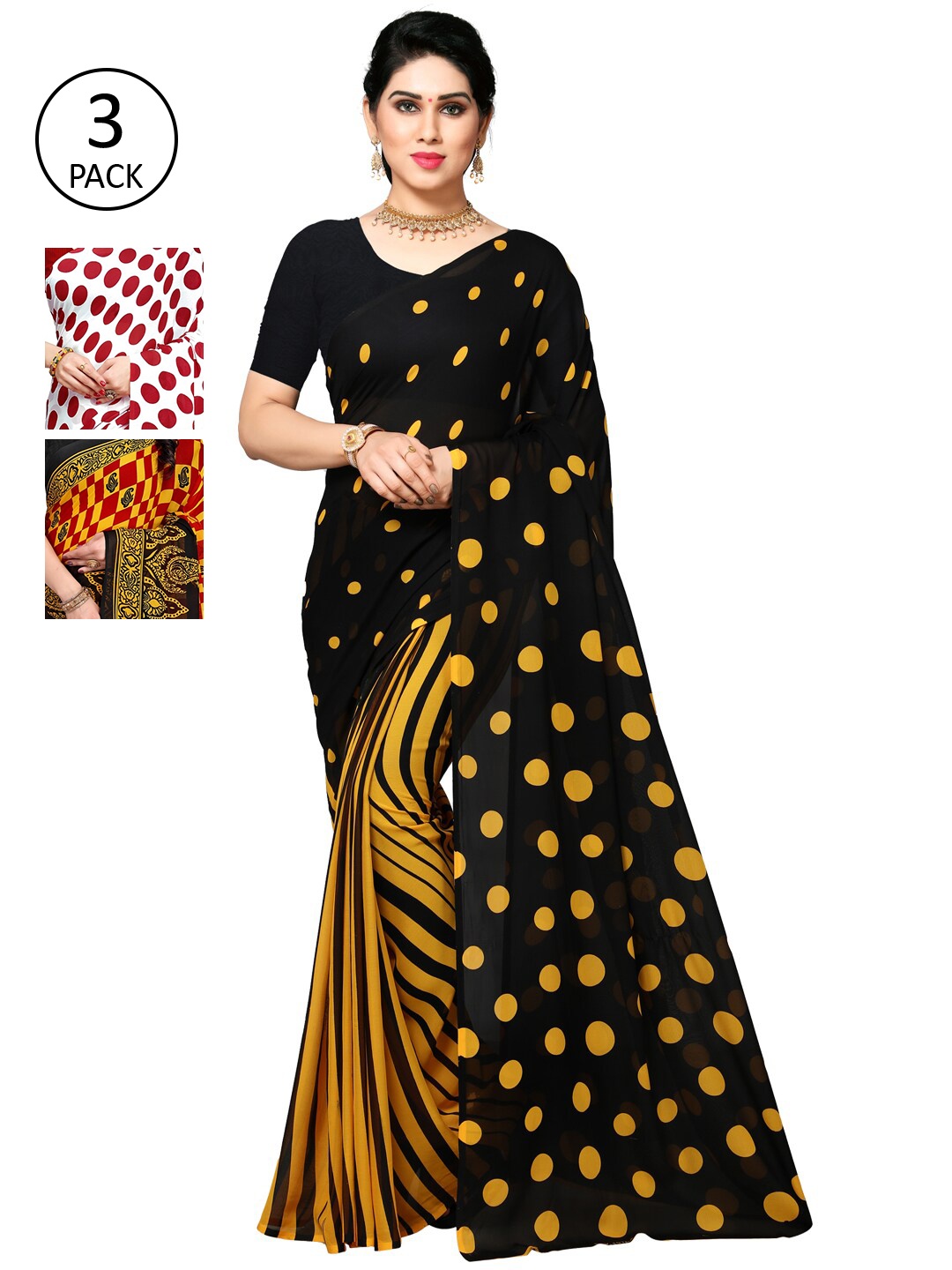 

KALINI Pack of 3 Poly Georgette Printed Sarees, White