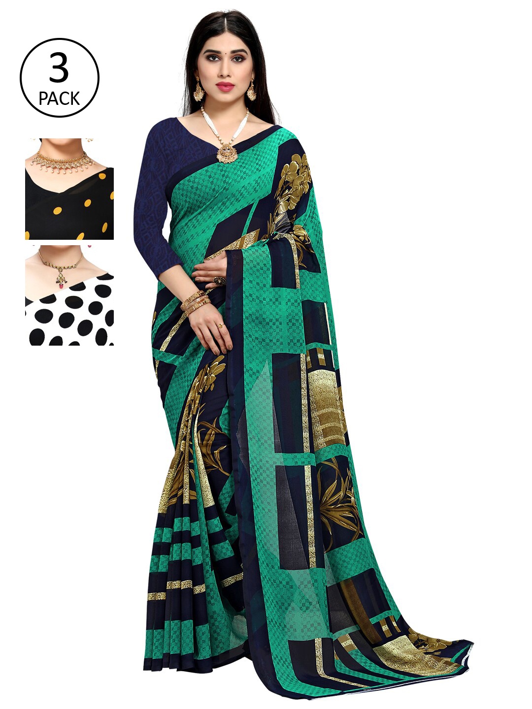 

KALINI Multicoloured Set of 3 Poly Georgette Saree, Multi