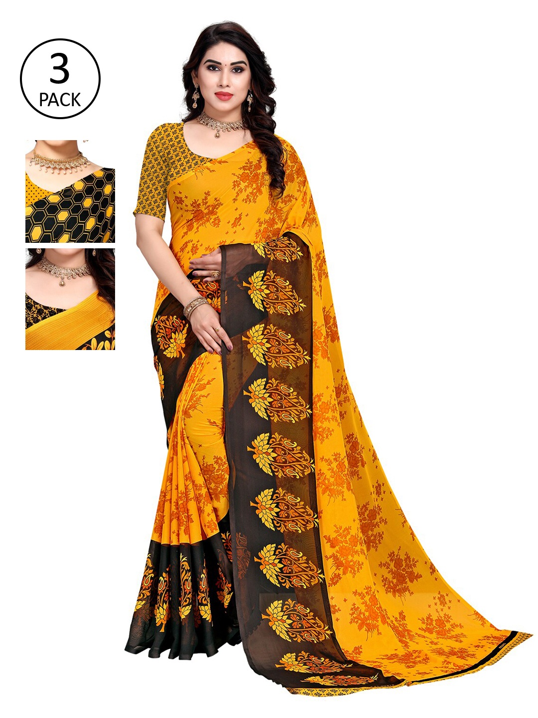 

KALINI Pack of 3 Printed Poly Georgette Saree, Multi