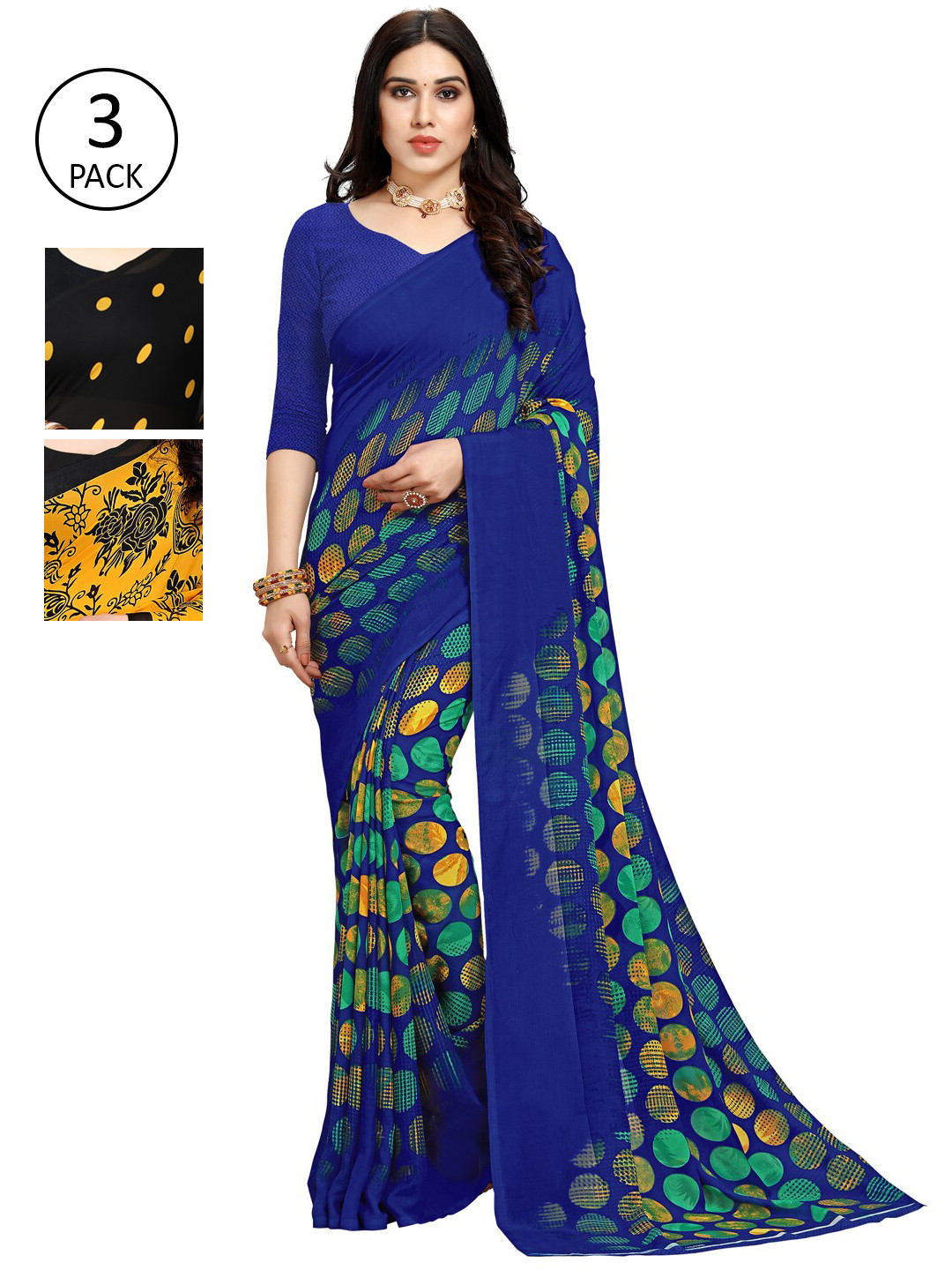 

KALINI Black & Yellow Batik Pack of 3 Saree
