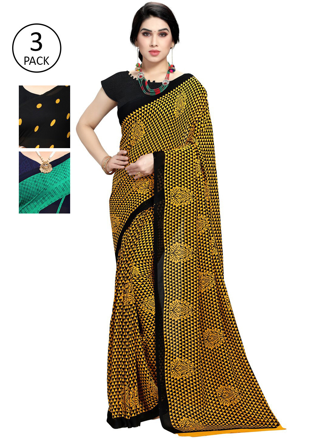 

KALINI Pack Of 3 Black & Yellow Saree