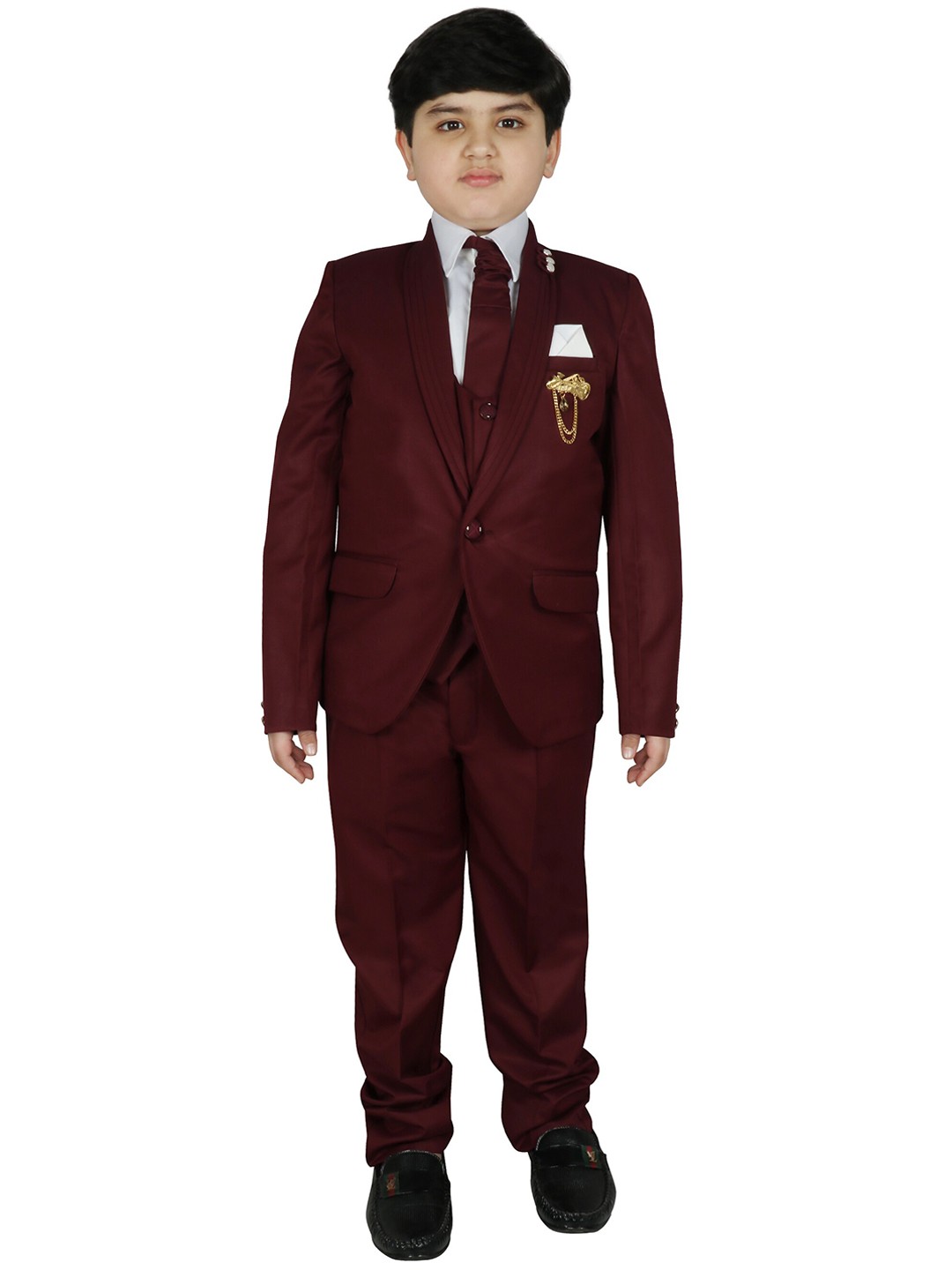 

SG YUVRAJ Boys Coffee Brown Solid Self-Design Single-Breasted Party Suit