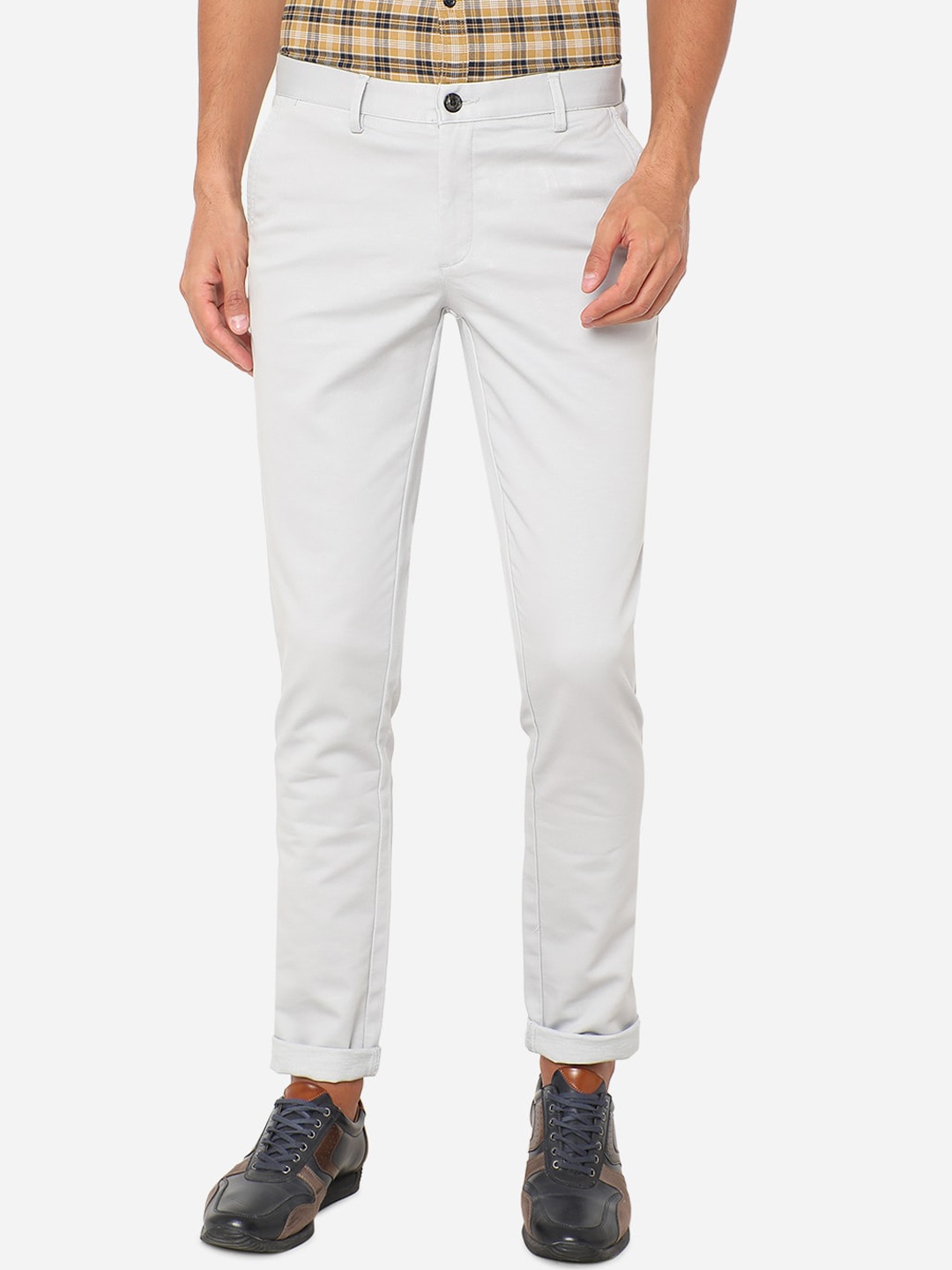 

JADE BLUE Men Grey Slim Fit Pure Cotton Regular Trousers